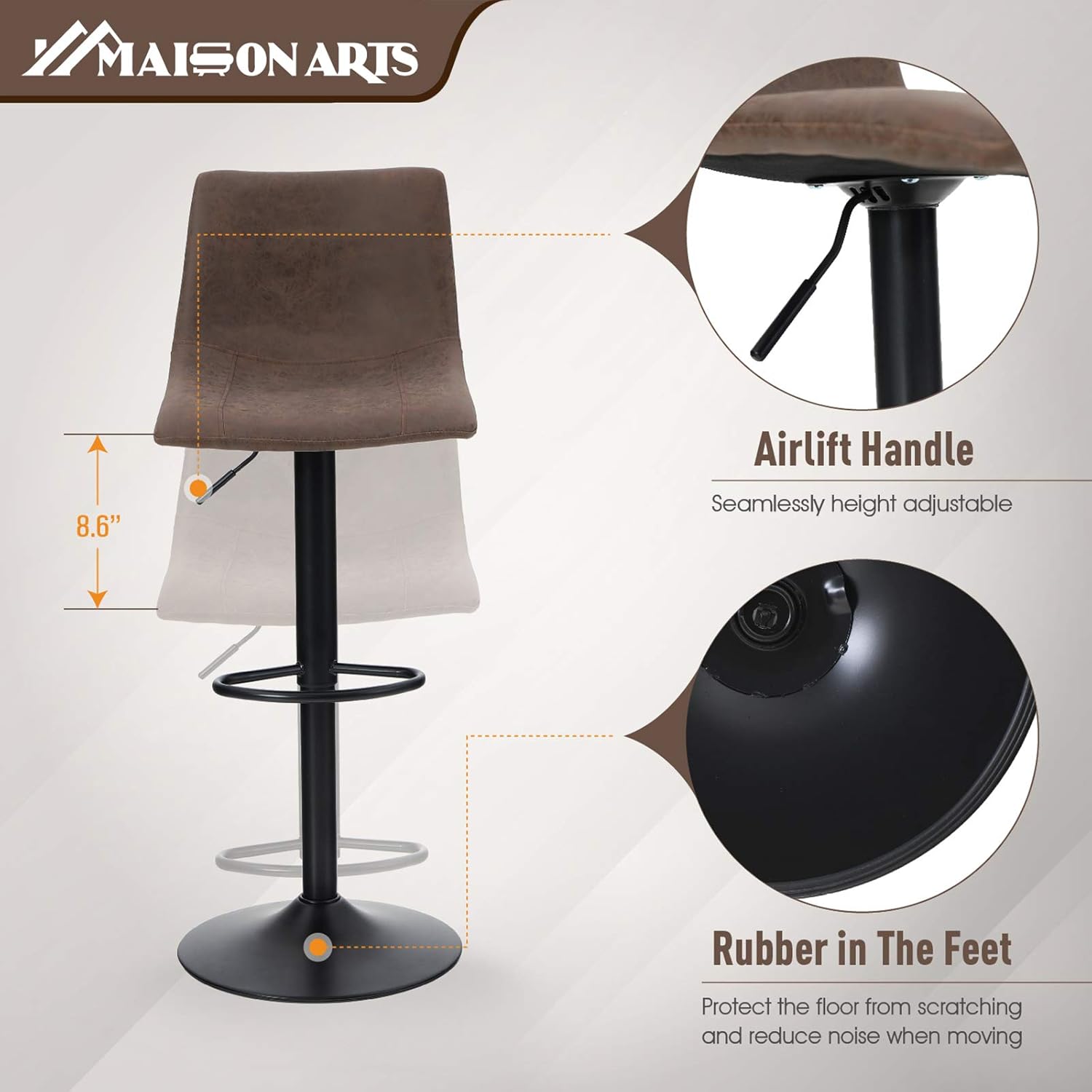 MAISON ARTS Swivel Bar Stools Set of 2 for Kitchen Counter Adjustable Counter Height Bar Chairs with Back Tall Barstools PU Leather Kitchen Island Stools, 300 LBS Bear Capacity, Brown: Kitchen & Dining