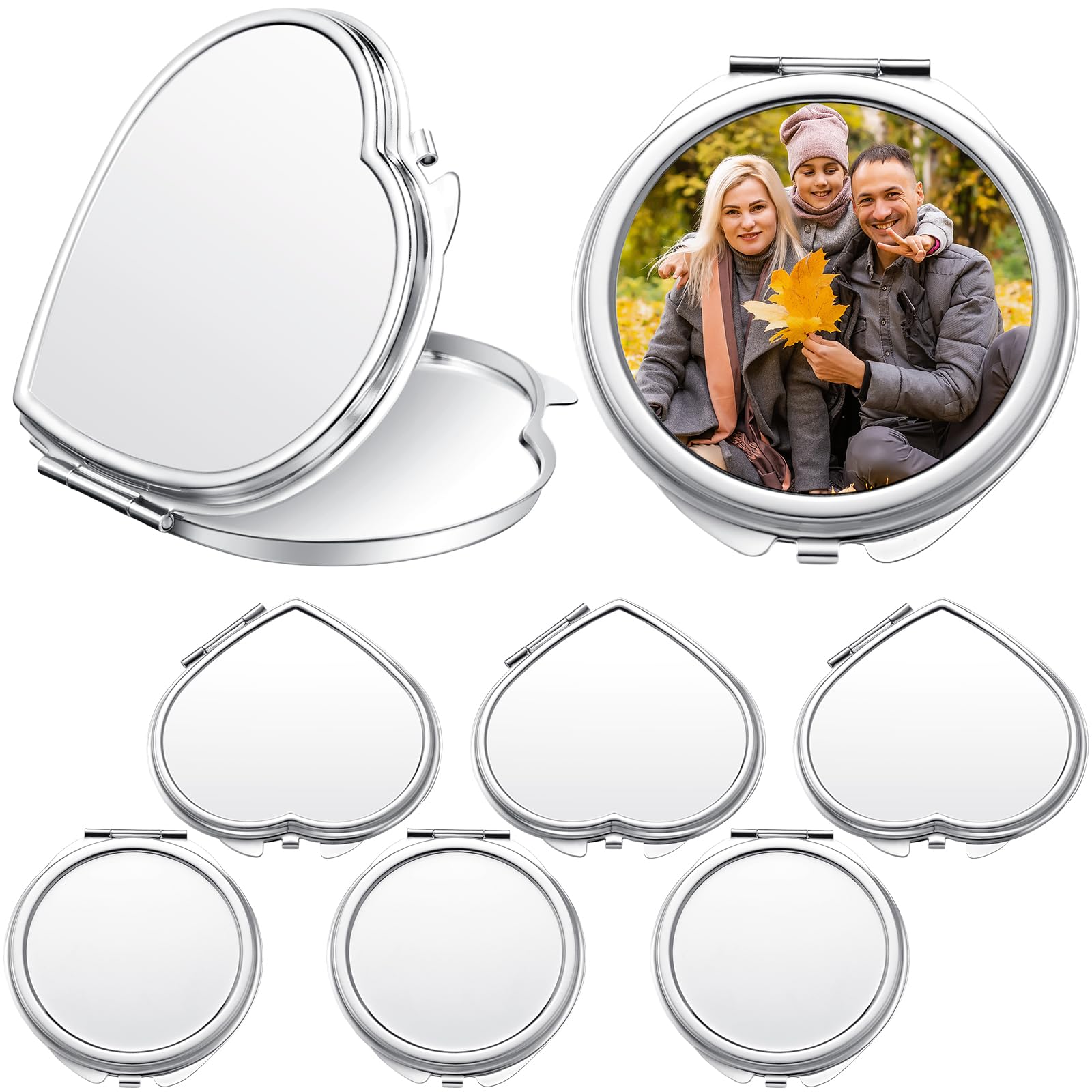 Jetec 6 Pcs Sublimation Blanks Products Small Compact Mirror Bulk Heat Transfer Folding Pocket Makeup Mirror Heart Round Double Sided Handheld Mirror