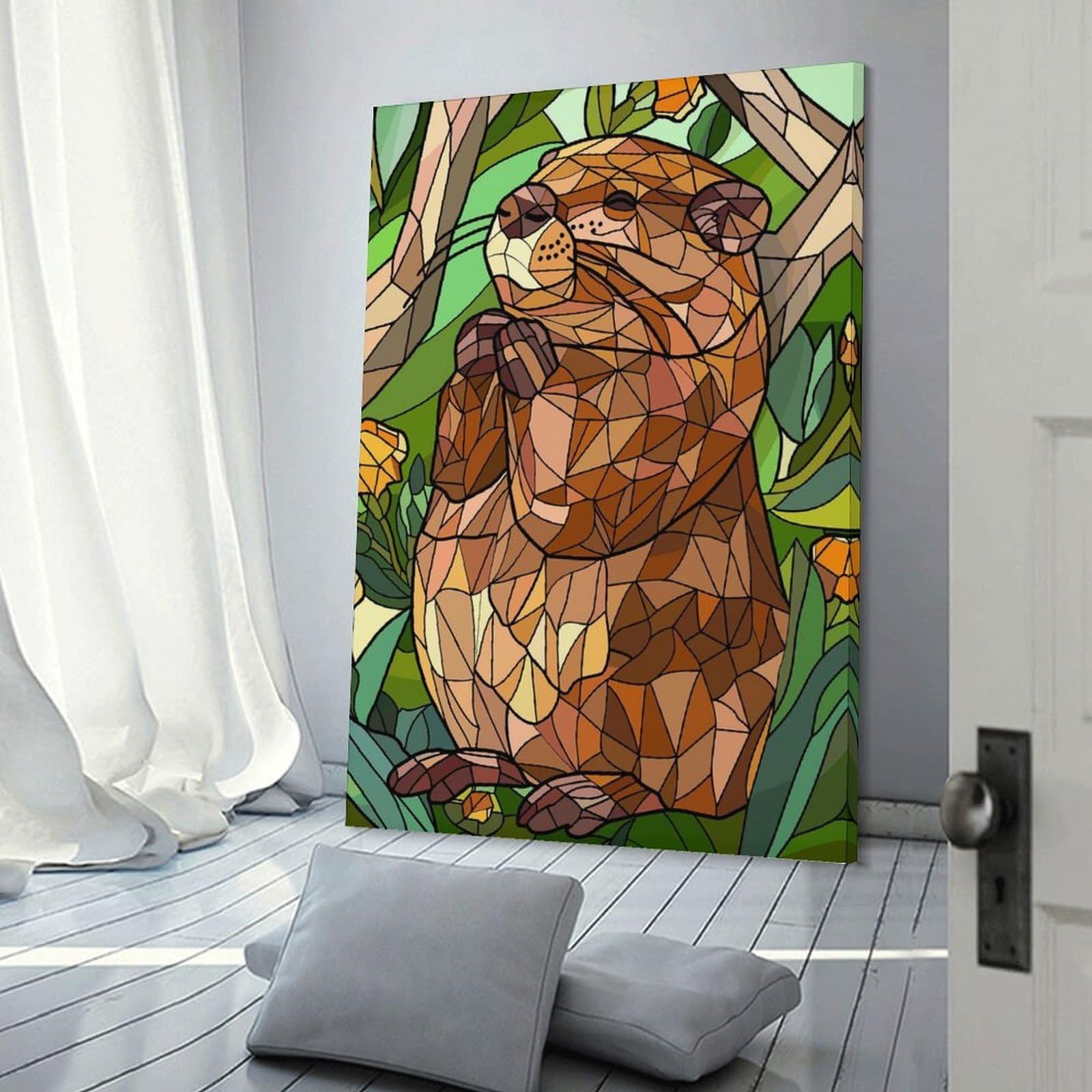 Junmoney Stained Glass Groundhog in Nature Hanging Wall Art, 24x36inch(60x90cm), for Gallery Wall Decor And Room Displays, Home Wall Art for Statement Displays
