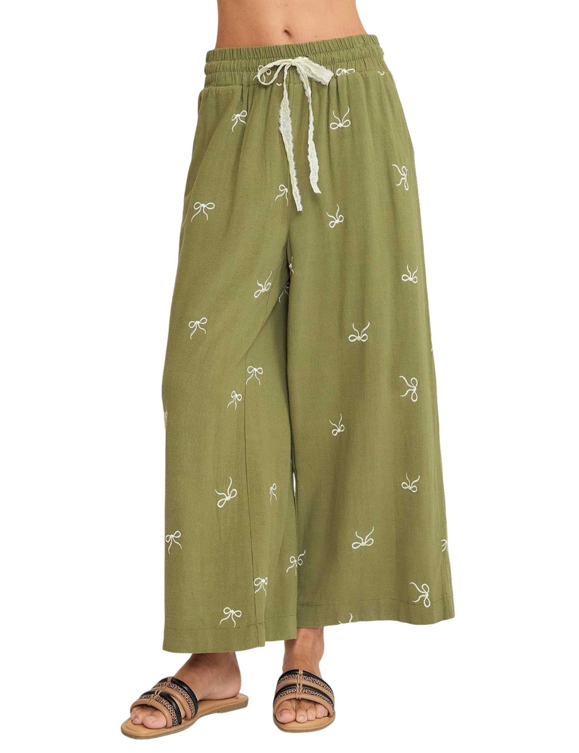 Yeokou Womens Casual Wide Leg Pants Summer Cotton Linen Bow Print Elastic Waisted Drawstring Trousers with Pockets
