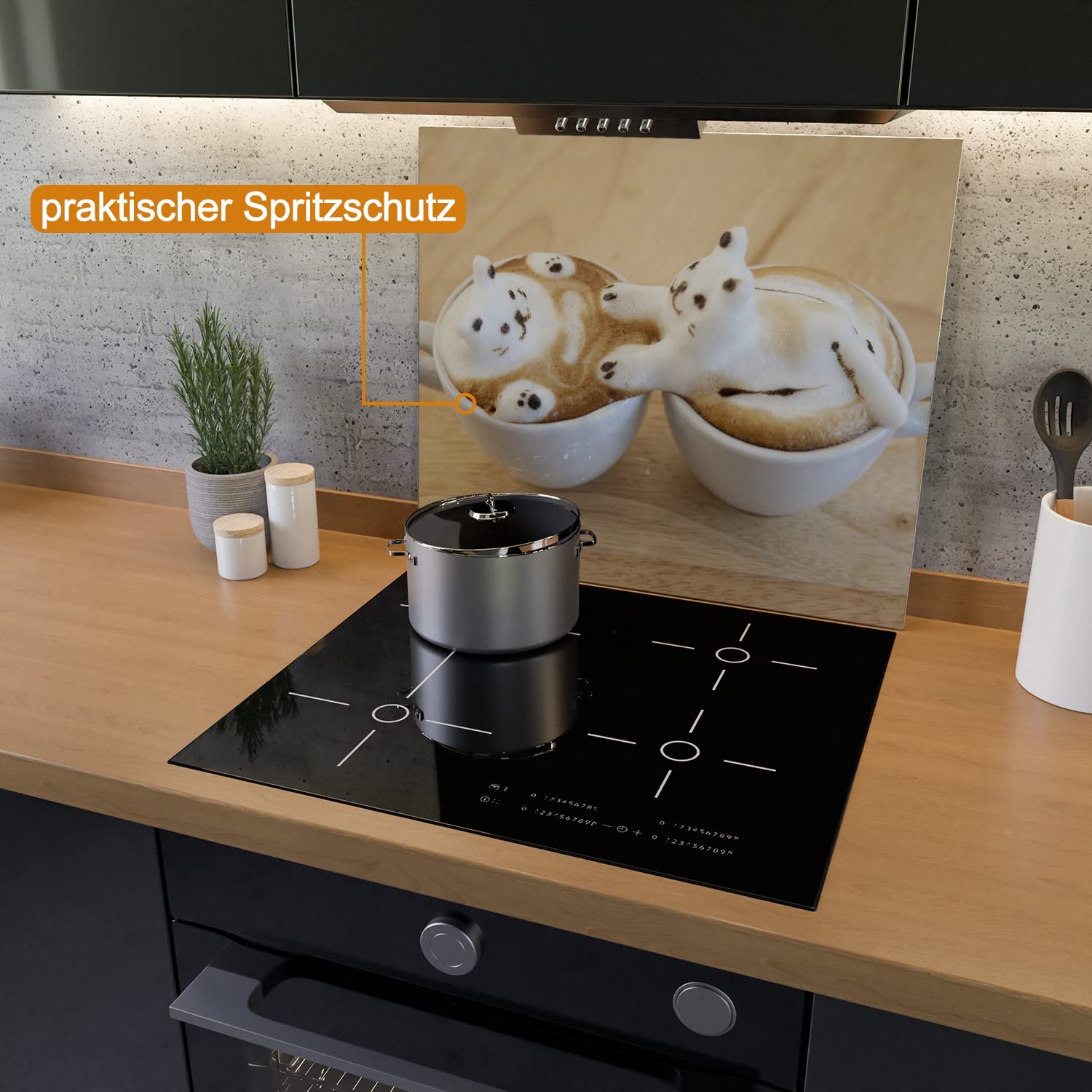 Wallario Herdabdeckplatte/Spritzschutz aus Glas, 1-teilig, 60x52cm, für Ceran- und Induktionsherde, Süße Milchschaum Katzen auf Kaffee