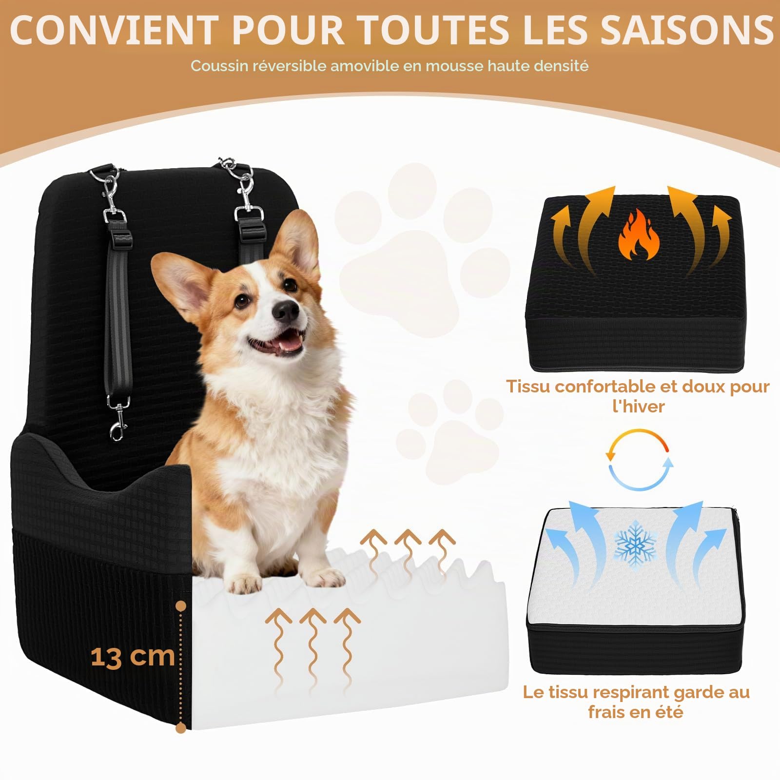 PETSFIT Siège Auto pour Chien, pour Chiens Petits/Moyens jusqu'à 15kg – Système de Sécurité Breveté, Coussin Mémoire de Forme 13cm, Housse Lavable, Coussin Double Face, Idéal pour Voyage– Noir & Gris