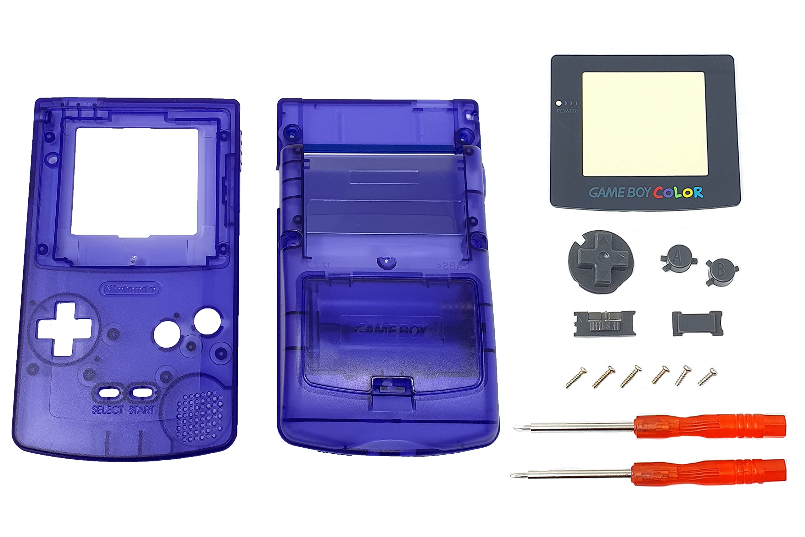THE TECH DOCTOR Replacement Gameboy Color Complete Shell Housing Case, Screen Lens & Buttons - Professional Repair Kit Including Tools (Transparent Dark Purple)