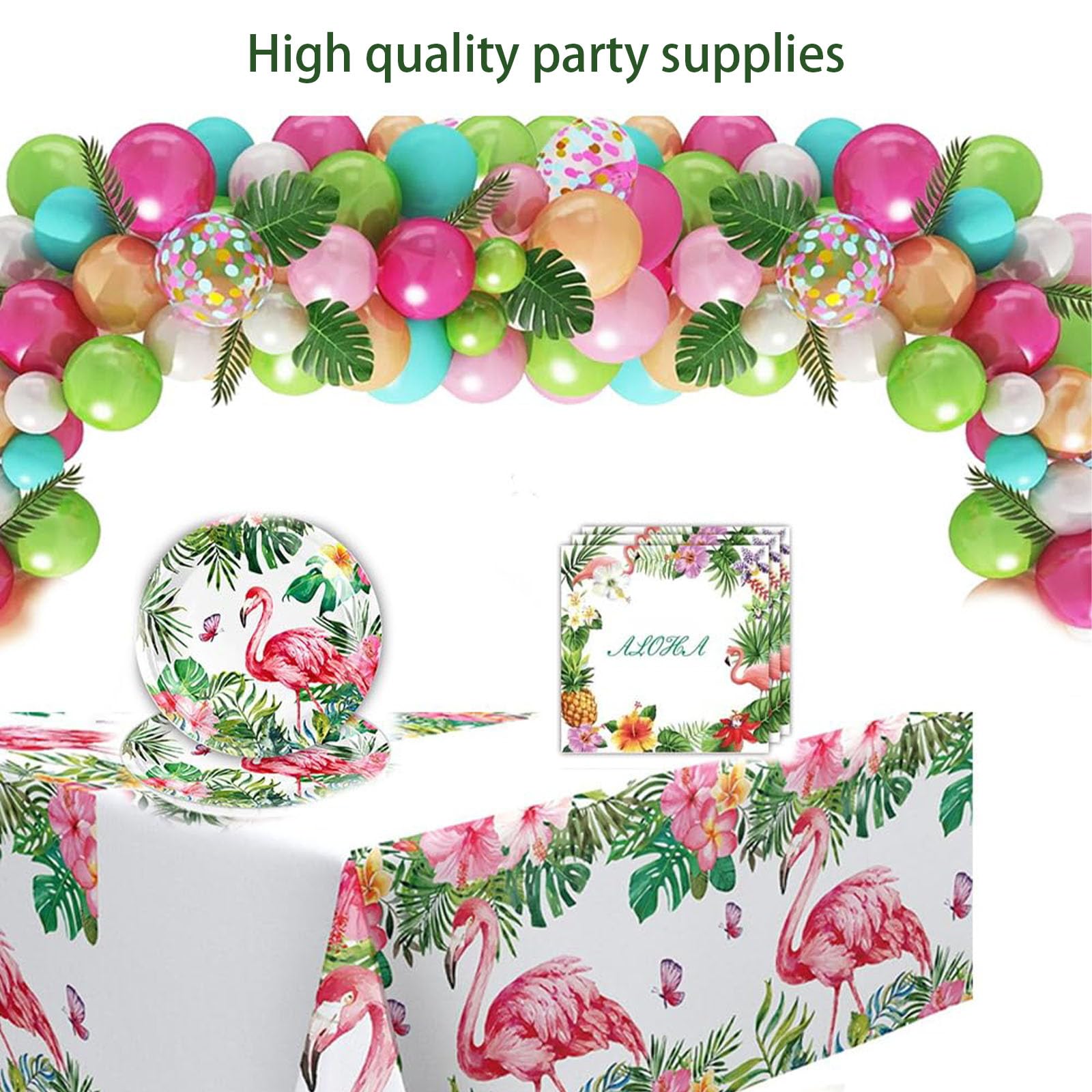 VGRDTW Hawaiian Party Decoration Set -10 Flamingo Plates, 20 Tissues, 1 Tablecloth, Suitable for Tropical Style Beach Parties - Image 2