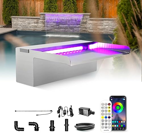 LONGRUN Cascadas de estanque de acero inoxidable con luz LED que cambia de color, fuente de piscina al aire libre, kit de cascada para jardín,