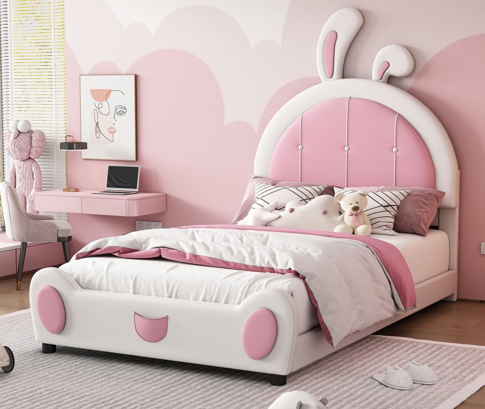 Merax Twin Bed Frames for Girls Kids, Platform with Ribbit Shaped Upholstered Headboard, White