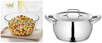 Borosil - CFHC16SS11 Handi Casserole with Lid, Impact Bonded Tri-Ply Bottom, 2.2 L, Silver & Borosil Glass Mixing & Serving Bowl, Oven & Microwave Safe Bowl, 3.5 L, Borosilicate Glass, Clear