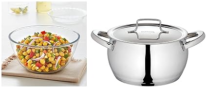 Borosil - CFHC16SS11 Handi Casserole with Lid, Impact Bonded Tri-Ply Bottom, 2.2 L, Silver & Borosil Glass Mixing & Serving Bowl, Oven & Microwave Safe Bowl, 3.5 L, Borosilicate Glass, Clear