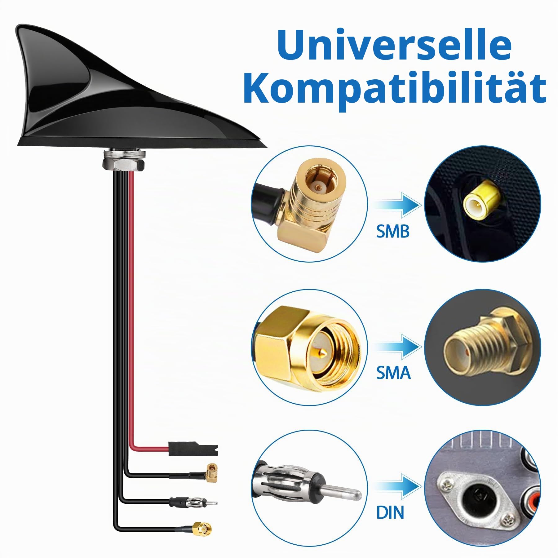 Autoantenne FM/DAB GPS Autoradio Antenne Haifischflosse mit 5 m Verlängerungskabel DIN/SMA/SMB Stecker für PKW, LKW, Wohnmobil – Navigation & Digitalradio