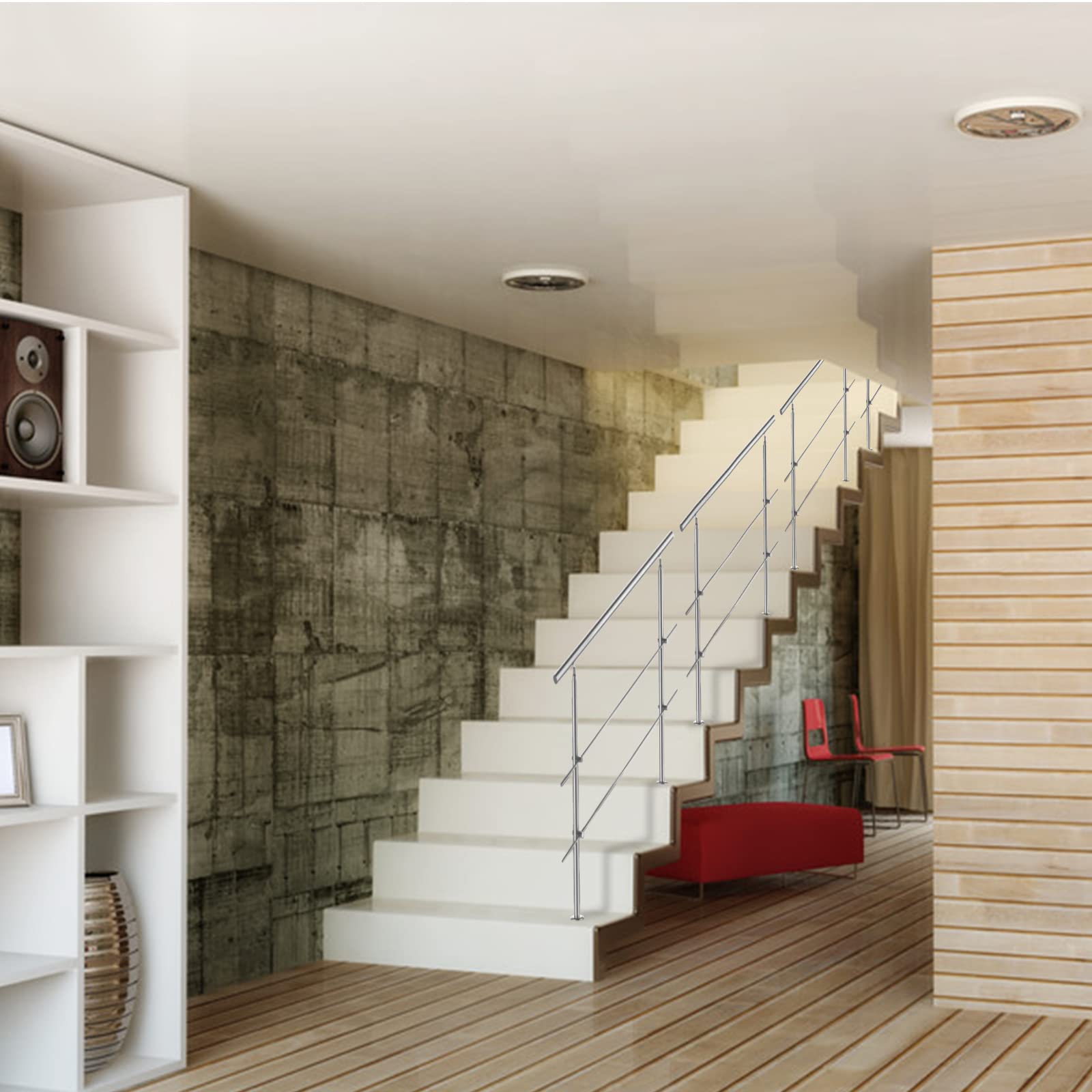 Lospitch Edelstahl Handlauf Geländer, Treppengeländer Innen und Außen, Geländer treppe für Balkon Brüstung Treppen, Winkelverstellbar, Ø 42mm(180cm, 2 Querstreben)