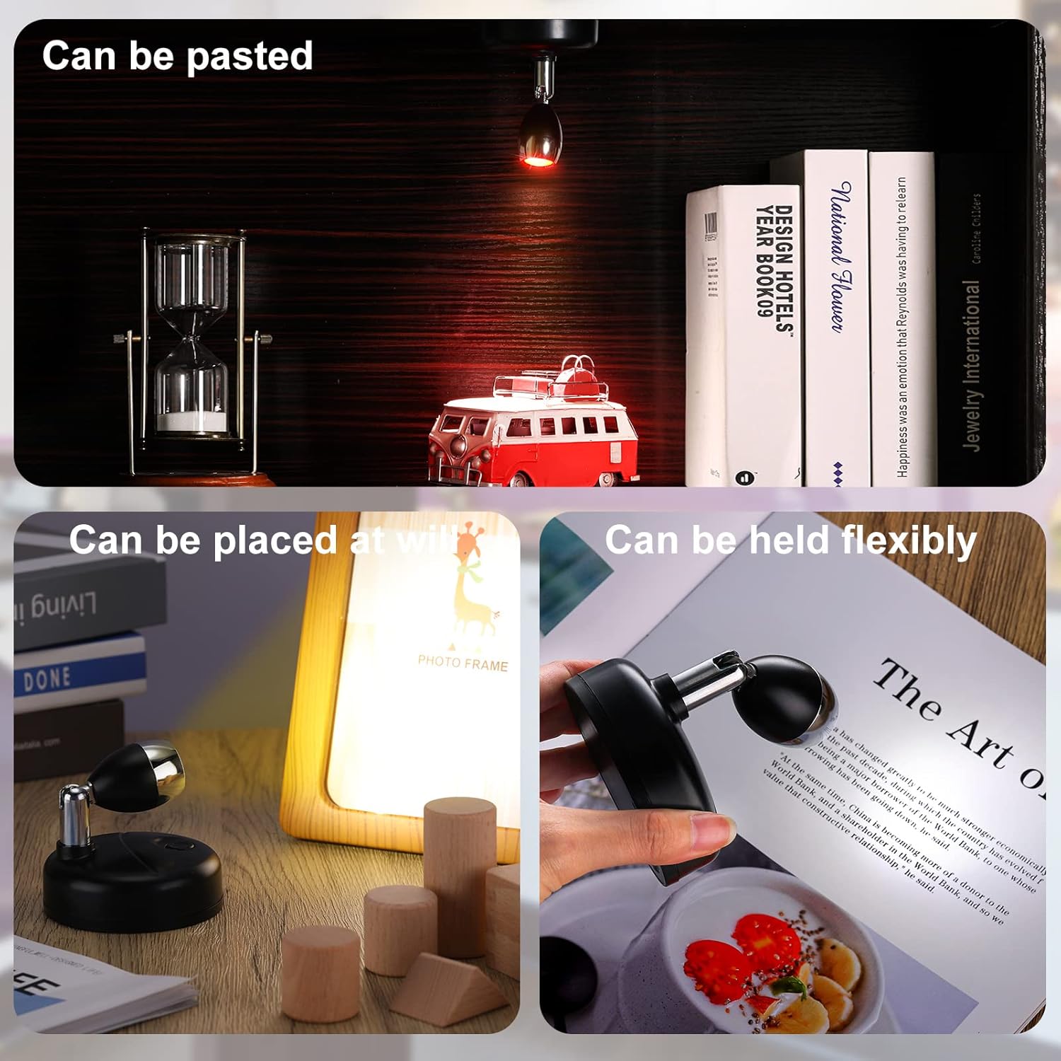 Hortsun 6 Pieces Battery Operated Spotlights Indoor LED Wireless Spotlight Indoor 13 Color up Lights with Rotatable Light Head Stick on Wall Hallway for Painting Picture Artwork Closet (Black)