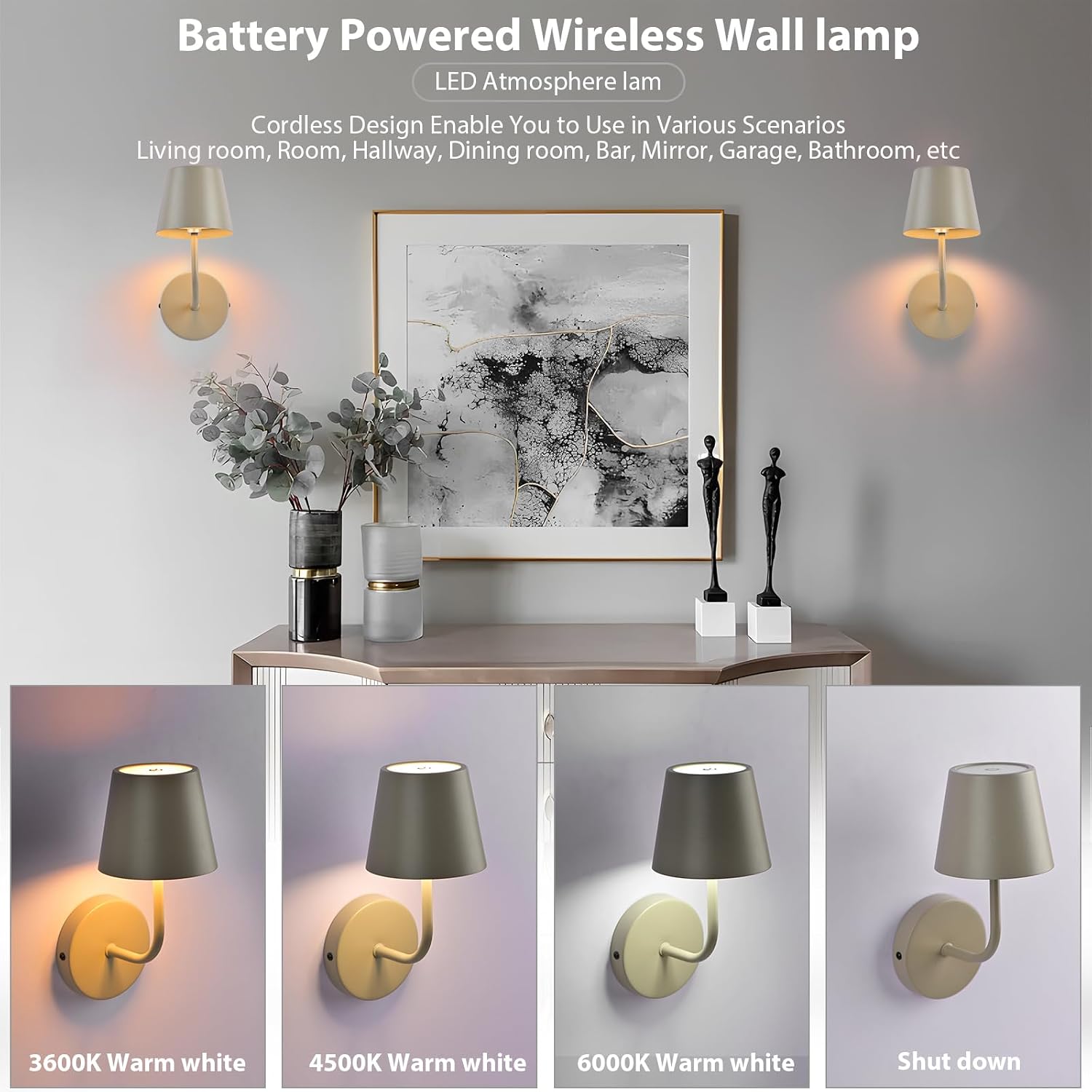 IMQSQIK LED Wireless Wall Lamp Set of 2, with 5600mAh Rechargeable Battery Powered Wall Sconces, Touch For Remote Control Infinite Dimming Be used for Bedroom Mirror Living Room Wall Painting(Apricot)