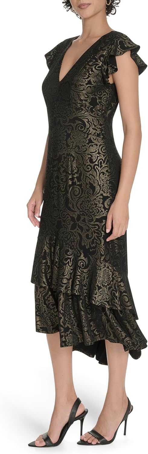 Tommy Hilfiger Women's Flutter Sleeve V-Neck Ruffle Trim Hi Lo Midi Dress, Black/Gold, 0 - Image 2