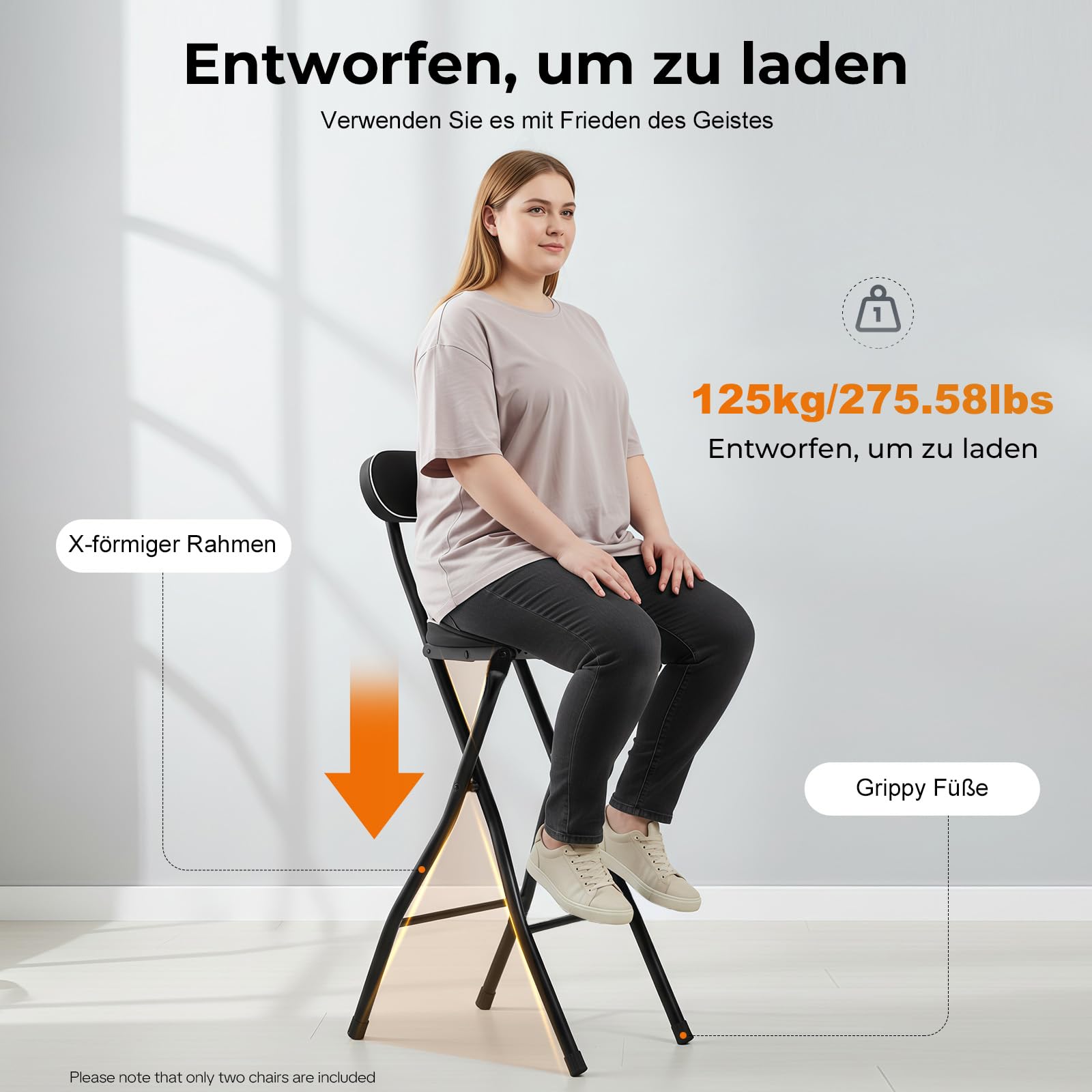 Klappbar Barhocker 2er Set Klappbarer Stehhocker Barhocker mit Lehne, 65cm hoch, Hochstuhl Klappbar Stehhilfe, Bar Hocker für Bar und Tresen, Tragkraft 125KG (Schwarz 65CM)