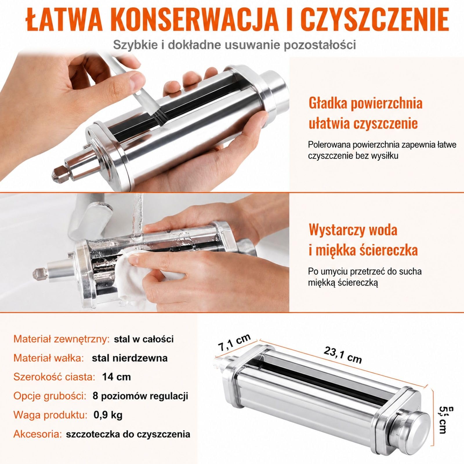 Ręczna maszynka do makaronu ze stali nierdzewnej, wałkownica z 8-stopniową regulacją grubości do spaghetti, lasagne i tagliatelle, intuicyjna obsługa i łatwe czyszczenie