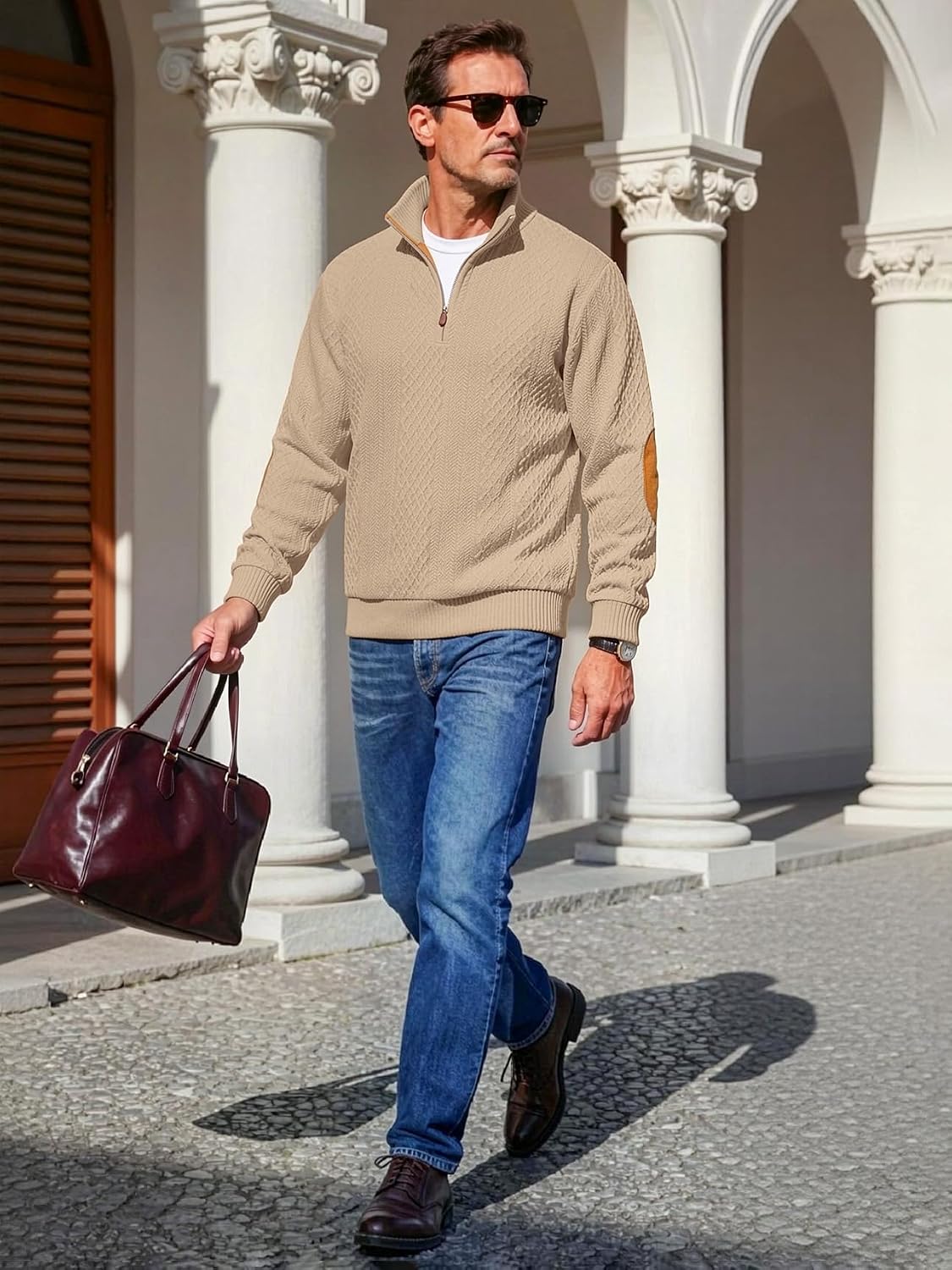 Men's Quarter Zip Pullover Sweatshirt Lightweight Jacquard Weave Kit Sweaters Casual Long Sleeve Mock Neck Polo