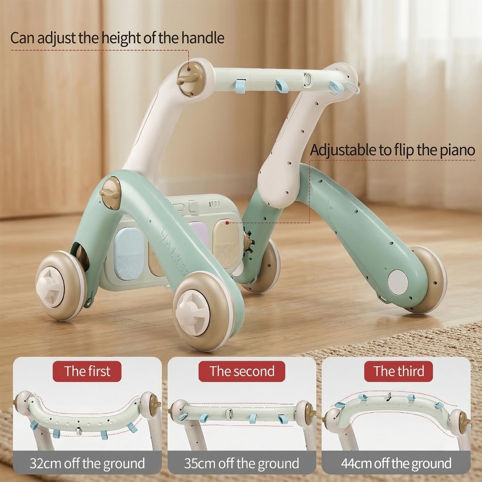 JOVOW Palestra per Bambini 2 in 1 con Passeggino, Tappetino da Gioco per Bebè con Pianoforte Giocattolo Multifunzione Doppio Lato, Passeggino di Apprendimento per Stare in Piedi per Bebè 0 a 36 Mesi