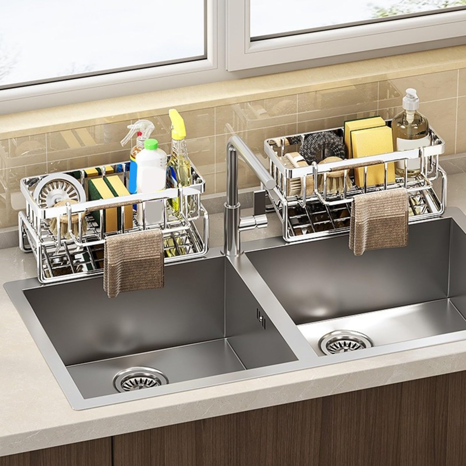 1 scolapiatti in acciaio inox per l'organizzazione della cucina, supporto bianco per spugne, spazzole, strofinacci, mensola moderna da banco (grigio)