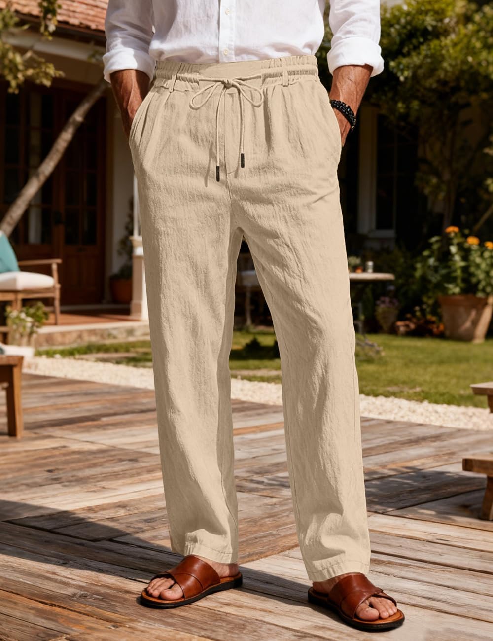 Men's Casual Linen Pants Elastic Waist Drawstring Summer Beach Lightweight Trouser with Pockets