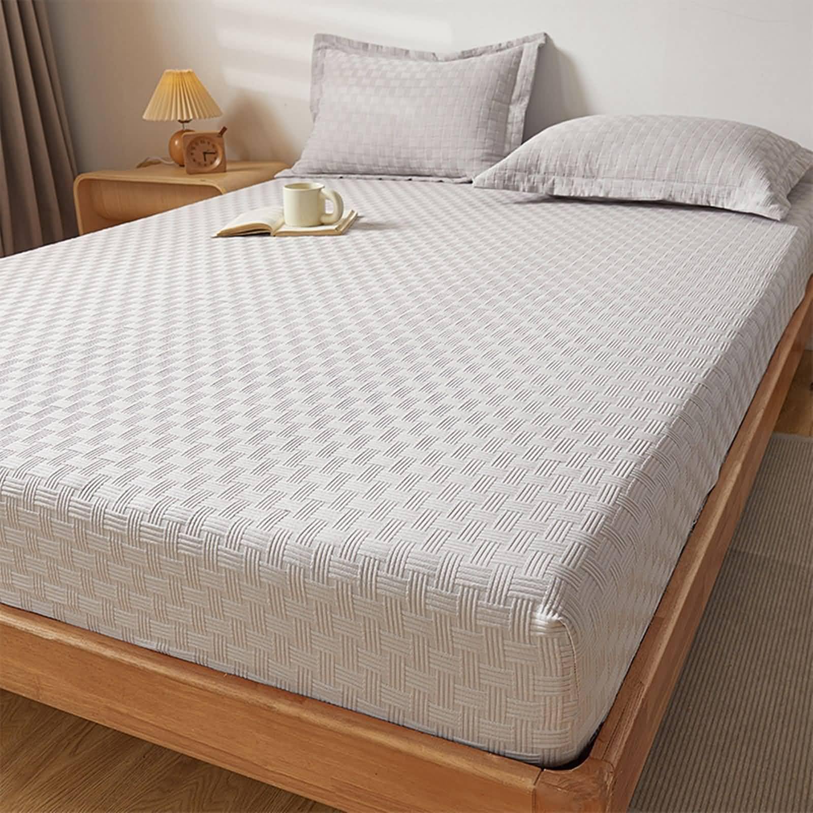 Spannbetttuch Einzelbett Polyester Baumwolle Elastisch, Einfarbige Farbe mit Gewebtem Plaid Muster, 120 x 200 cm, Spannbetttuch Hellgrau