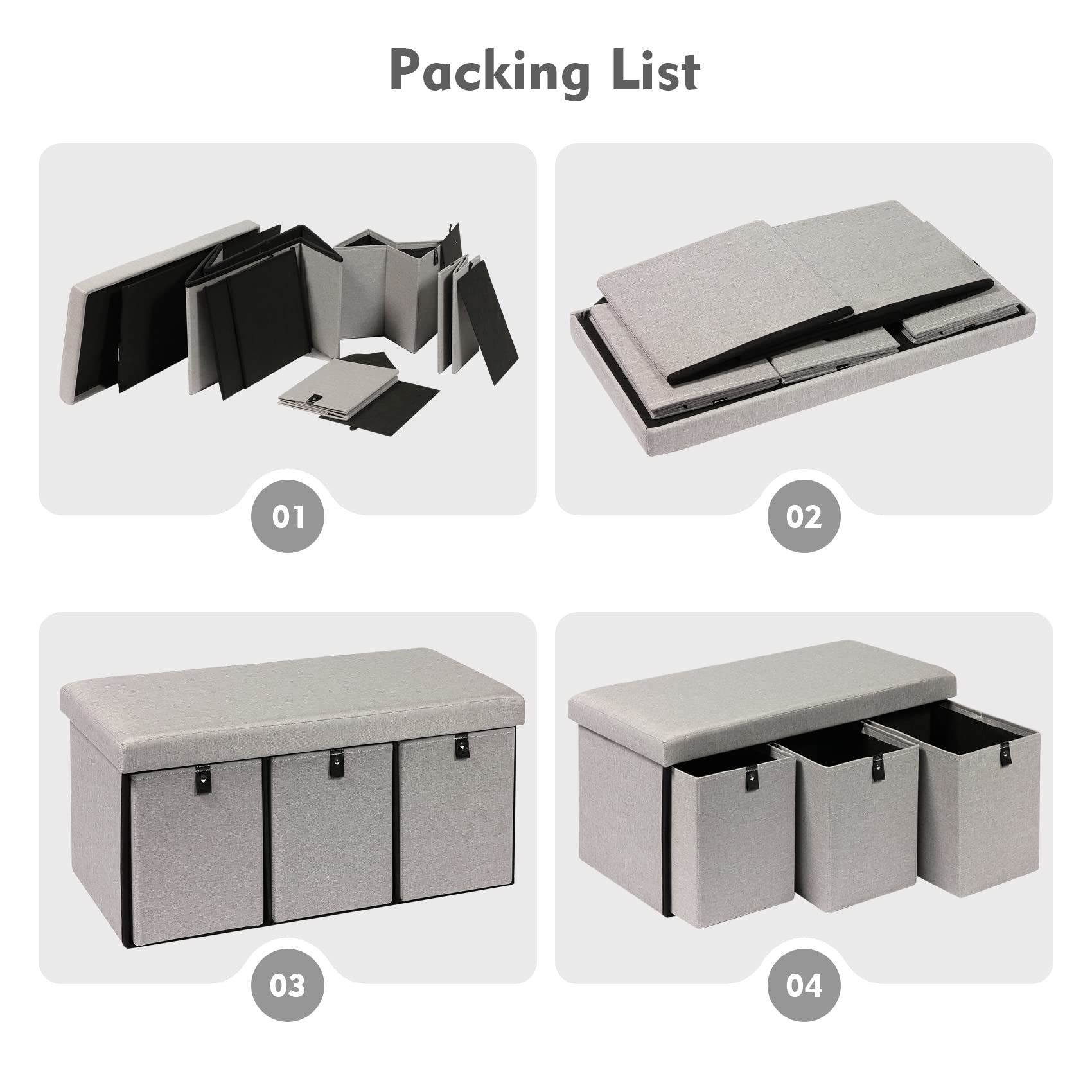 PINPLUS Storage Ottoman with Drawers, Folding Ottoman Bench Foot Rest Stool Shoes Bench Storage Box Toy Chest Fabric Linen Seat for Bedroom 30 x 15 x 15 Inches (Large), Grey