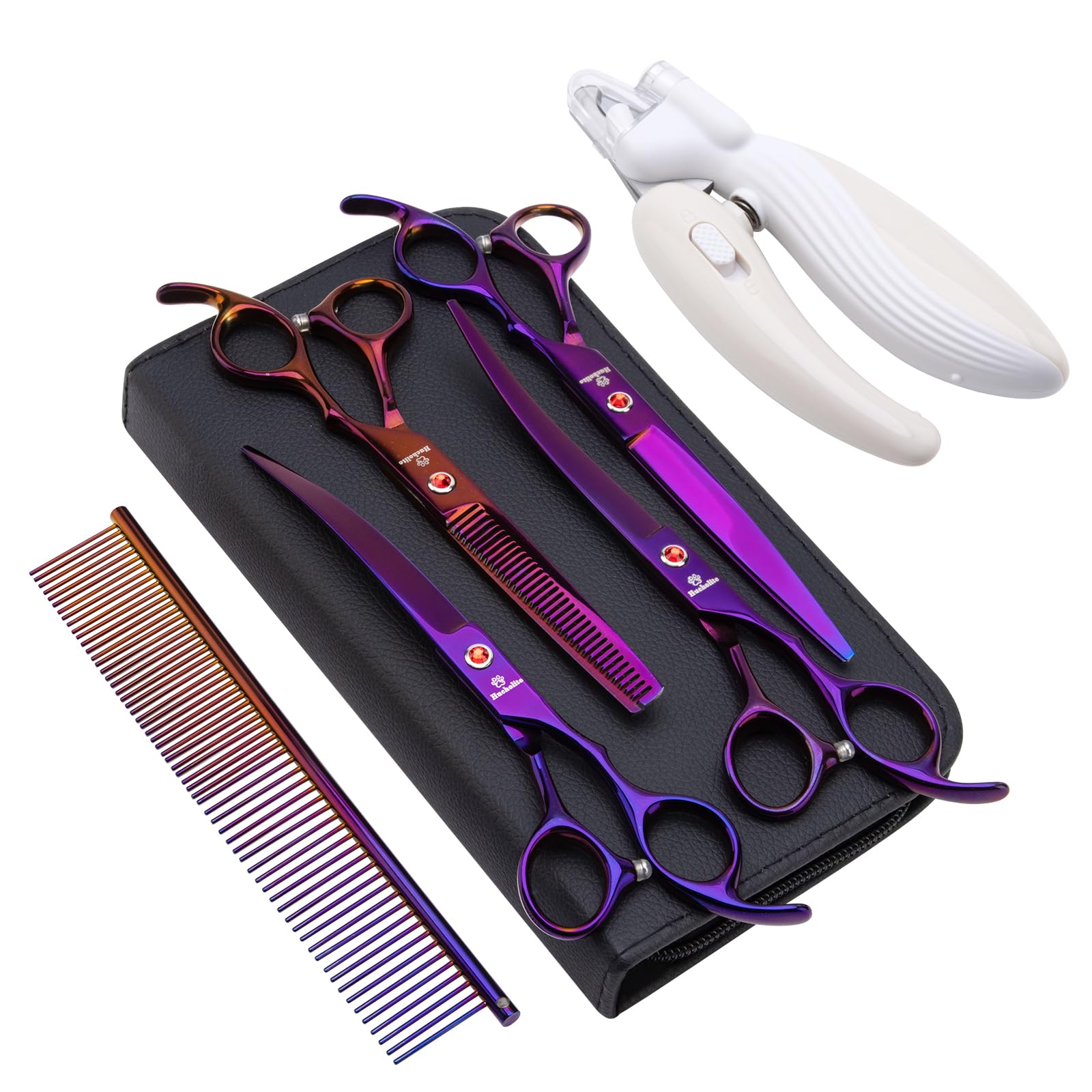 8.0 in 9CR Titanium Professional dog grooming scissors set,Grooming Scissors for Dogs Cats,Pet nail clippers,Shears, Straight,Curved,Thinning Shears,Comb for Full Body,Face, Nose,Ear,Paw