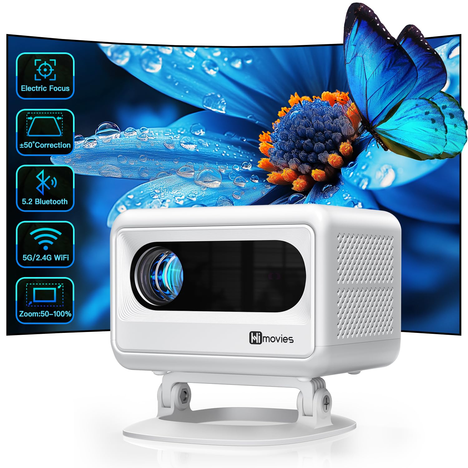 【Snow White Projector &amp; Built-in Apps】XuanPad Mini Projector with Wi-Fi and Bluetooth, Full HD 1080P Smart Portable Projector with 210° Stand, Auto Vertical Keystone, Compatible with HDMI/USB/TV Stick