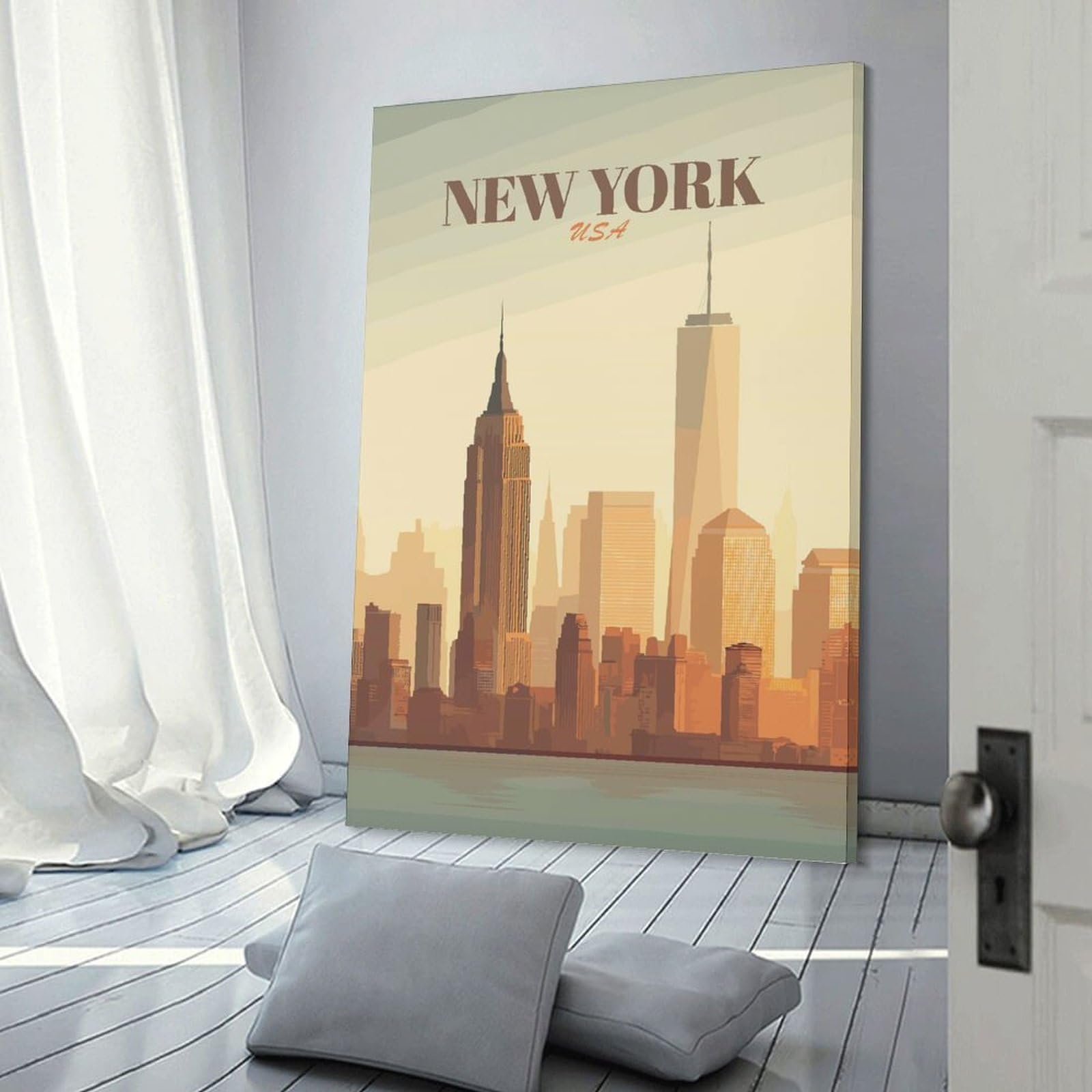Junmoney Frame-Style-11 New York City Skyline Vintage Decorative Wall Artwork 08X12inch(20X30cm), For New Homes, Bedrooms Or Workspaces, A Wall Art Gift For Fresh Interiors
