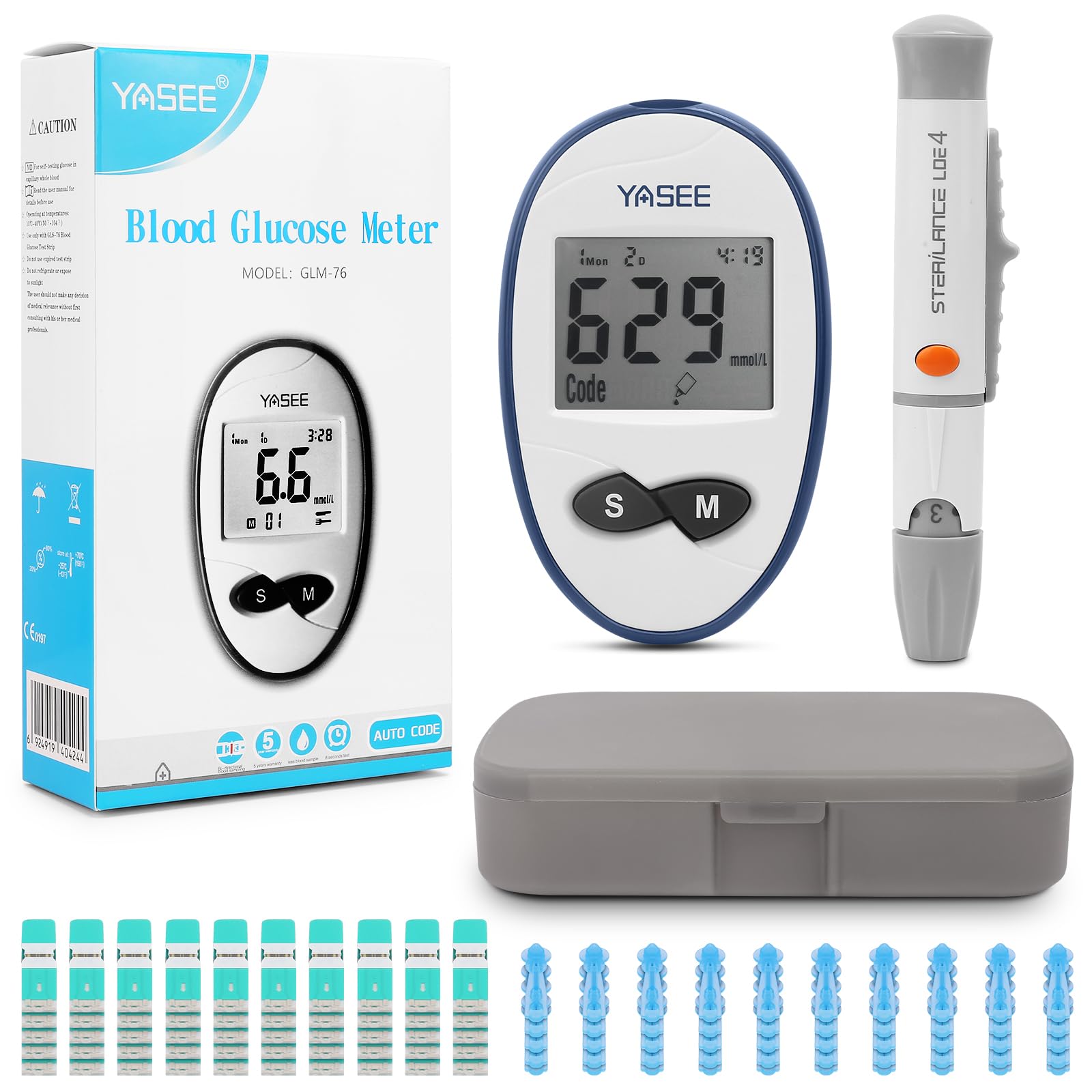 Blood Glucose Monitor Kit, 50 Test Strips, 50 Lancets, Auto Coding, 180 Test Memory, Carrying Case, Painless Lancing Device, Blood Sugar Testing for Diabetes