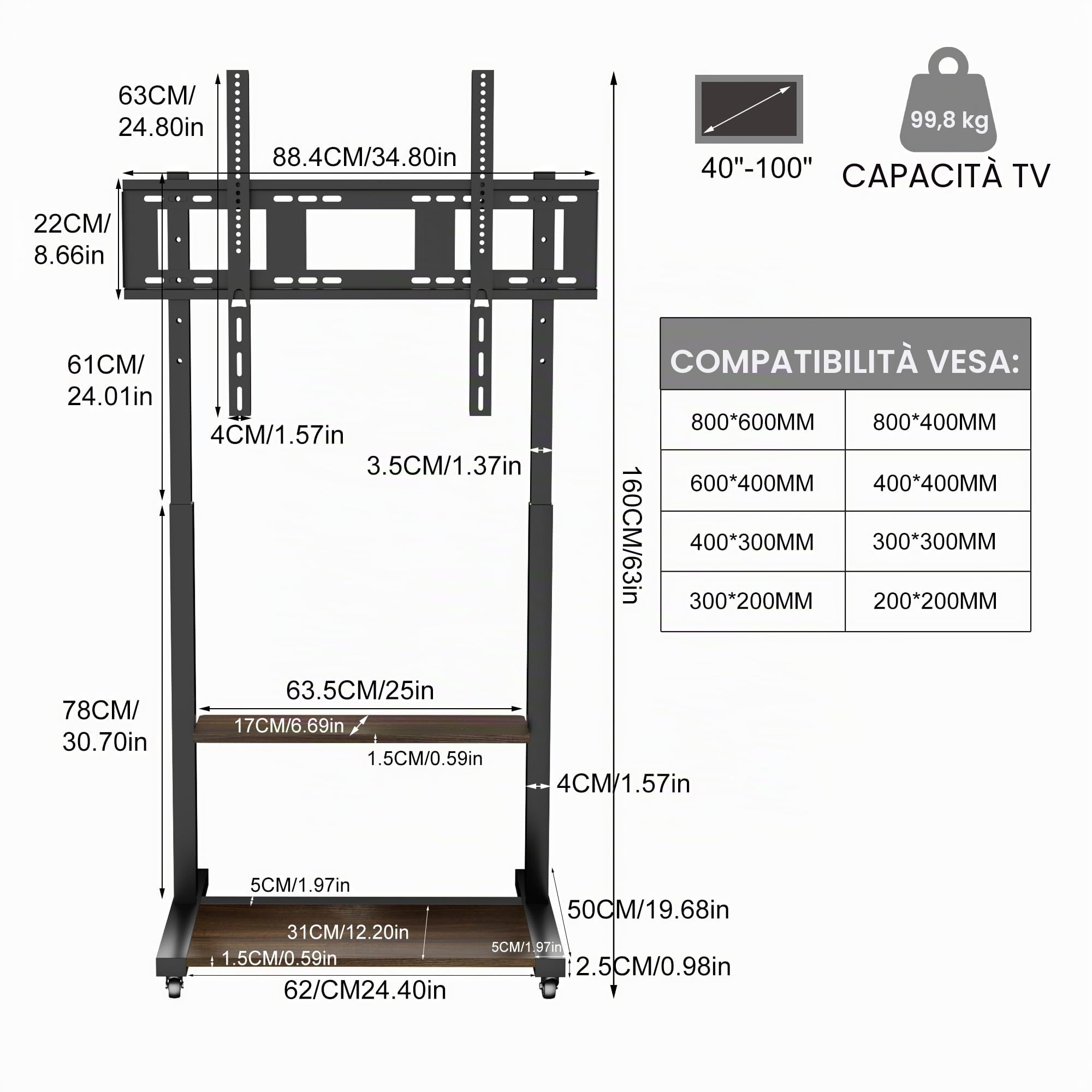 UNHO Supporto TV da Pavimento con Ruote per Schermi 40-100 Pollici: Supporto TV Mobile con Rotelle, Peso Max 100kg Max VESA 800x600mm, Regolabile in Altezza, Ripiani in Legno