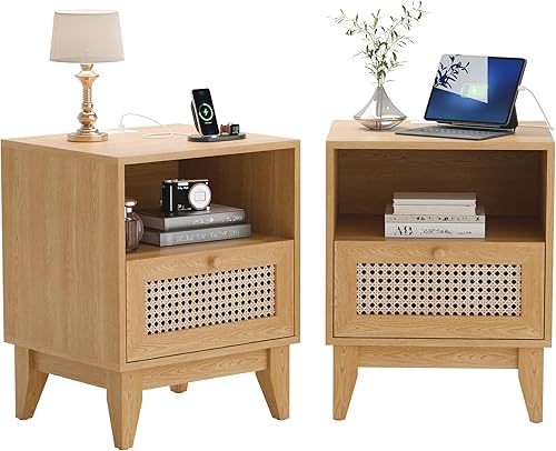 Miniatura 3 de Betterhood Mesita de noche de ratán con estación de carga puertos USB y tomas de corriente mesa auxiliar de madera para sala de estar y dormitorio