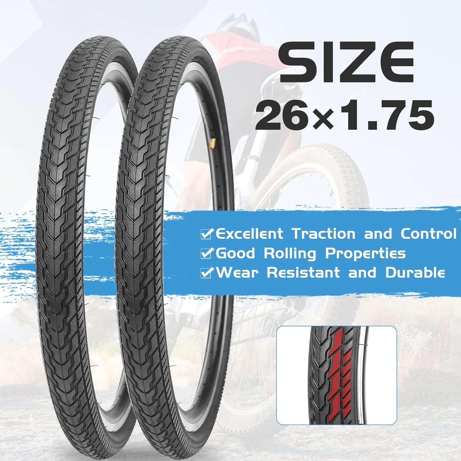 26X1.75 Bicycle Tire Replacement Kits 1/2 Pack, 26 Inch Bike Tires Folding Bike Tires Replacement with 1/2 Tubes and 2 Levers Suitable for Bicycle Tires 26x1.75 26x1.95 26x2.0,Black/White Wall