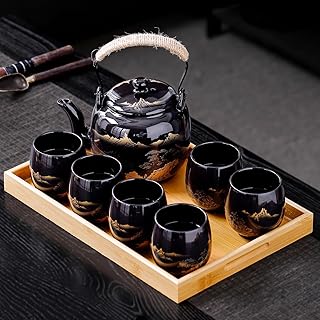 Traditional Japanese tea set, Japanese teapot set, Asian Black glazed tea set with 1 Teapot, 6 Tea cups, 1 Tea strainer, 1 Tea tray (Landscape Black)