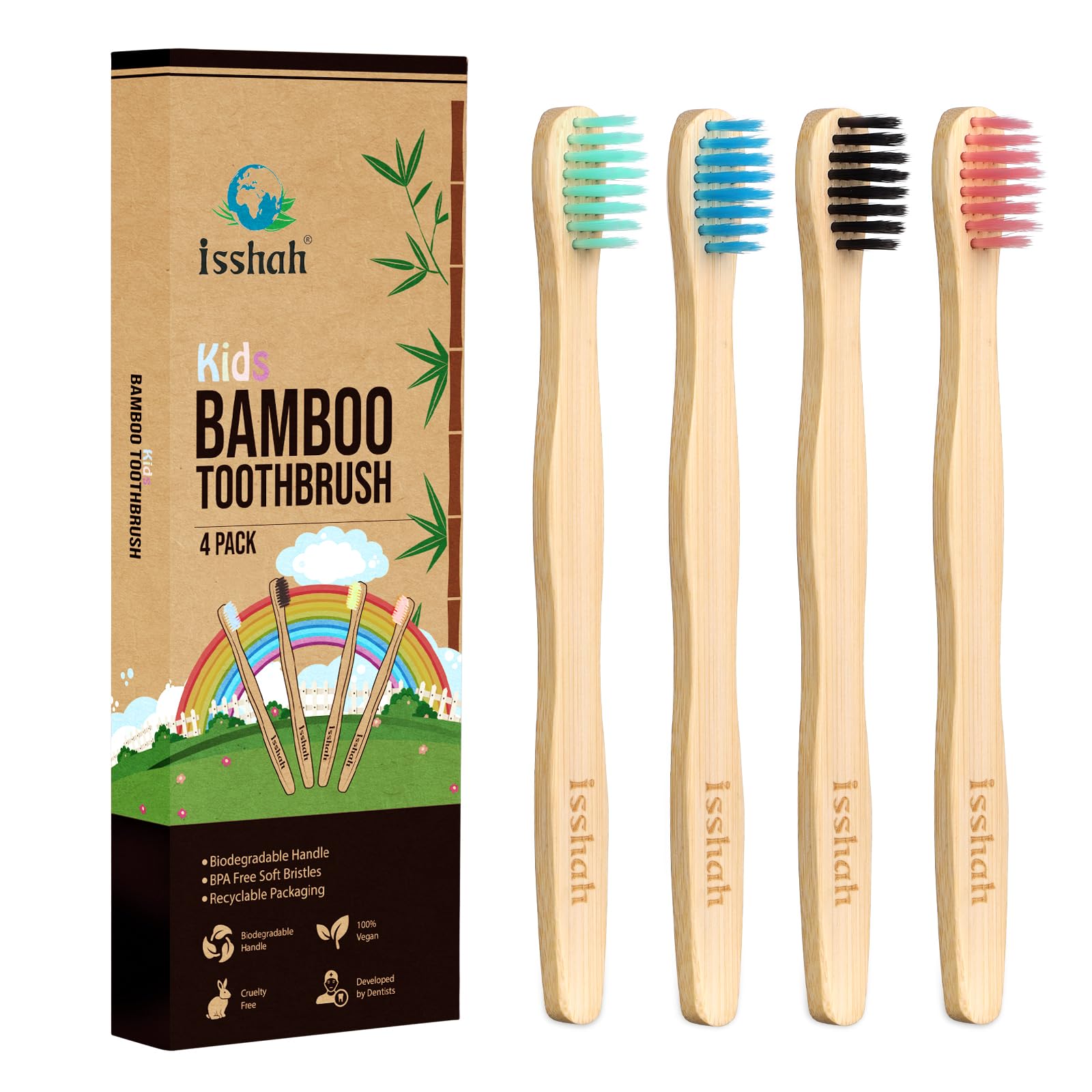 Kids Bamboo Toothbrushes Biodegradable Handle BPA Free Eco Friendly Children Size, Pack of 4