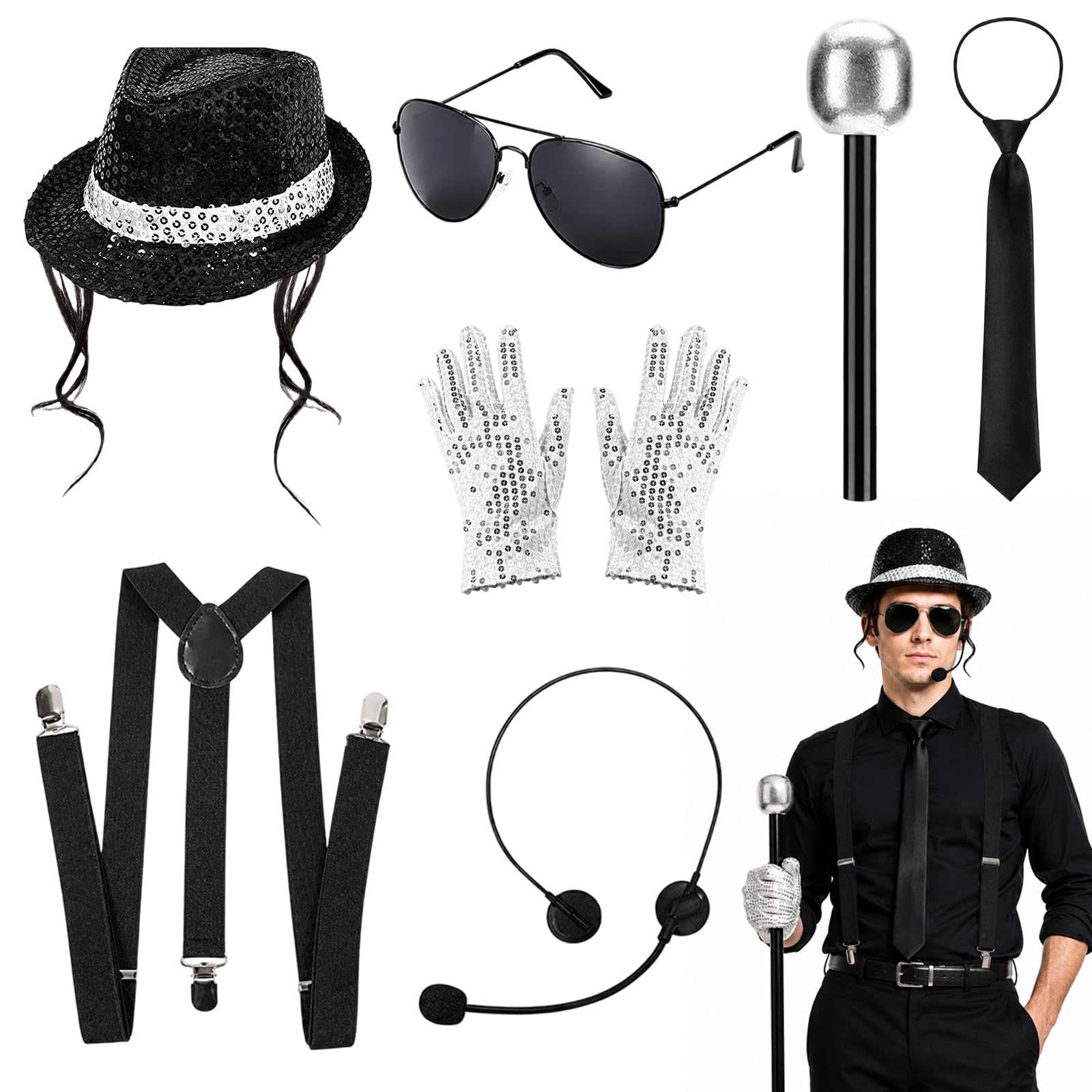 WonHey MJ Costume, 80s Fancy Dress Men, 7pcs Disco Clothing Set Halloween Costumes, with Hat, Glasses, Tie, Microphone, Headset, Suspenders and Gloves