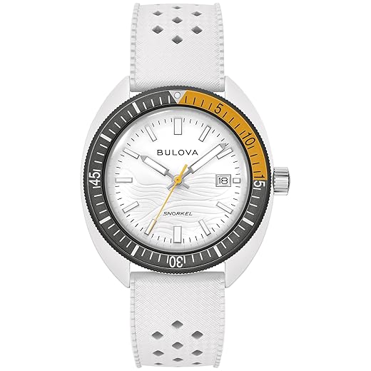 Bulova Oceanógrafo masculino caixa de cerâmica com snorkel e pulseira de borracha perfurada branca, estilo de gaivota, 98B459, Branco, Borracha de cerâmica híbrida branca de quartzo para snorkel
