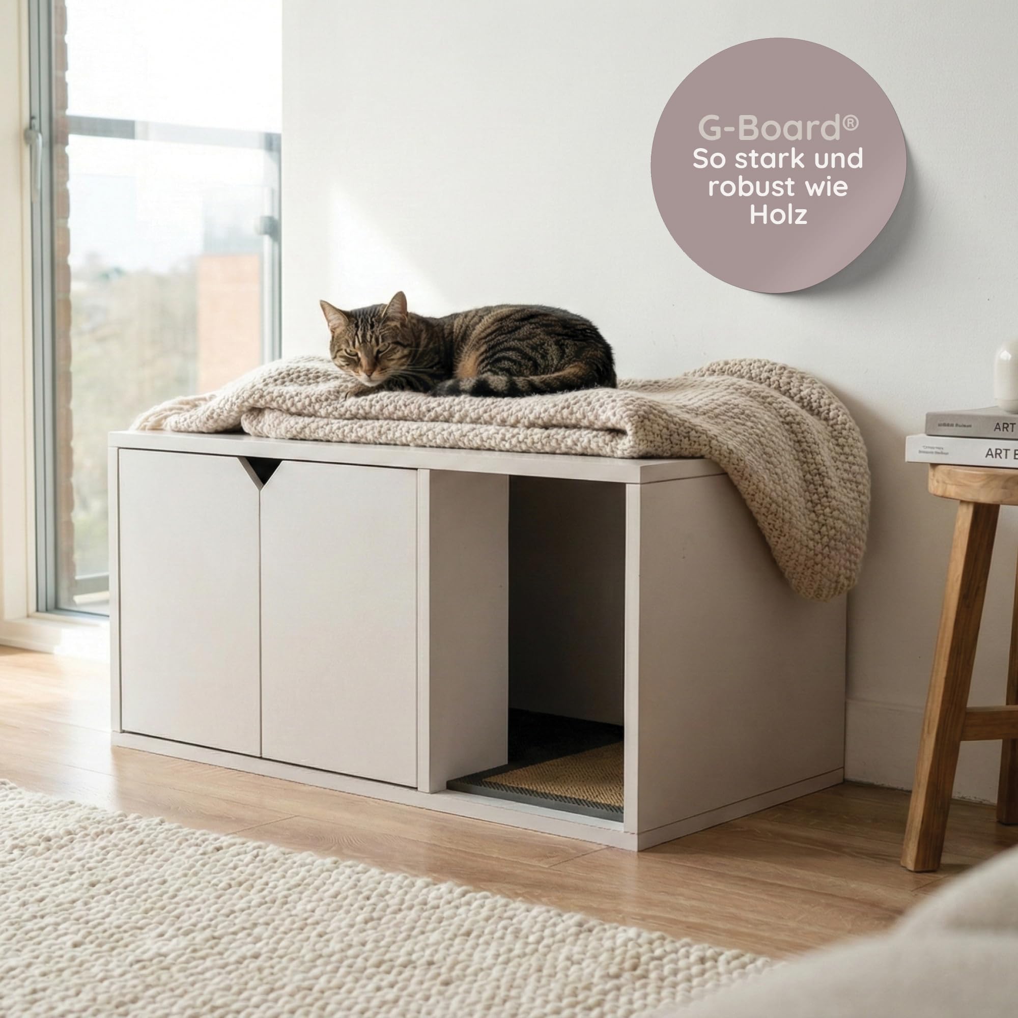 Catchi Katzenklo Schrank in Weiß – Nachhaltig & 100% recycelbar – Formaldehydfrei & Schadstofffrei – inklusive Kratzbrett – Werkzeuglose Montage – Modernes Design - 91x52x43cm