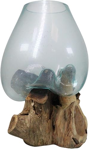 Miniatura 5 de Ebros Gift Madera flotante balinesa de madera de teca natural hecha a mano con vidrio fundido soplado a mano, cuenco decorativo grande de 14