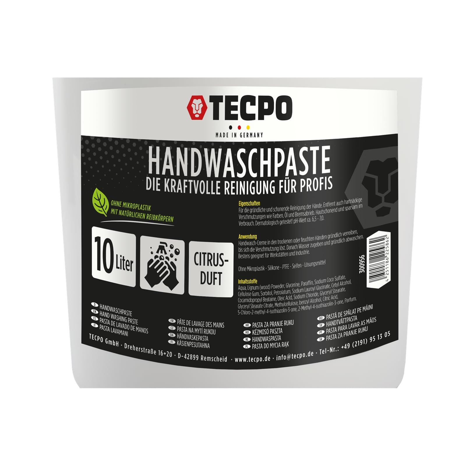 TECPO Pâte nettoyante pour les mains - 10 l - Douce pour la peau - Savon contre les saletés tenaces telles que l'huile, la graisse, la voiture et l'atelier