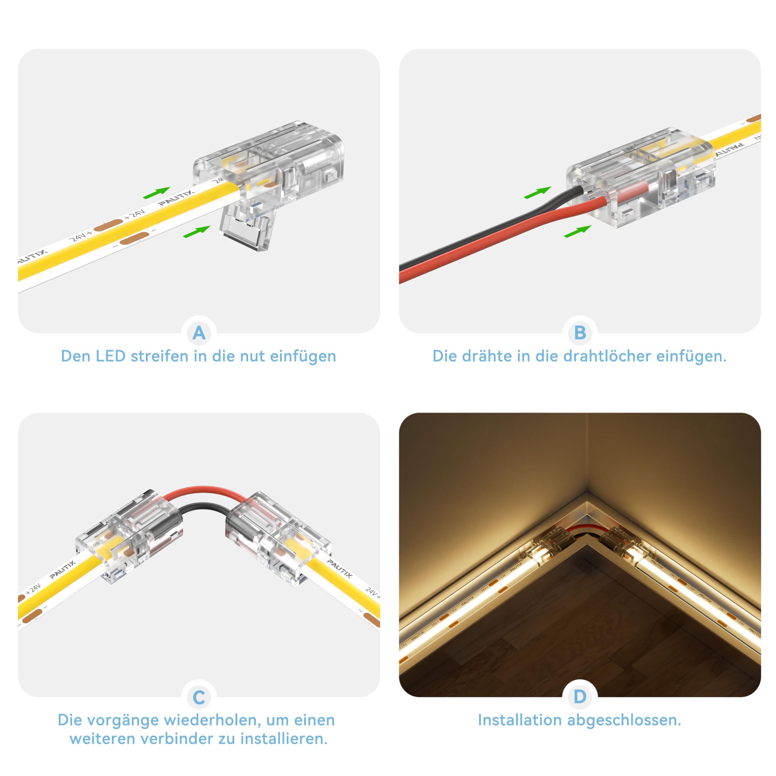 PAUTIX COB LED Streifen Steckverbinder für 8mm 2-Pin,20Stück Wiederverwendbare Streifen zu Kabel Verbinder,3M 22AWG Verlängerungs Kabel für Nahtlose Lötfreie Installation für 5V 12V 24V 2835 LED Strip