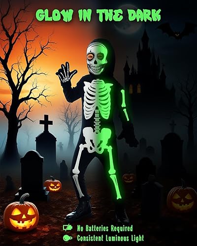 Miniatura 3 de Disfraz de esqueleto de Halloween, overol de huesos que brilla en la oscuridad con máscara y guantes para edades de 3 a 12 años (negro)