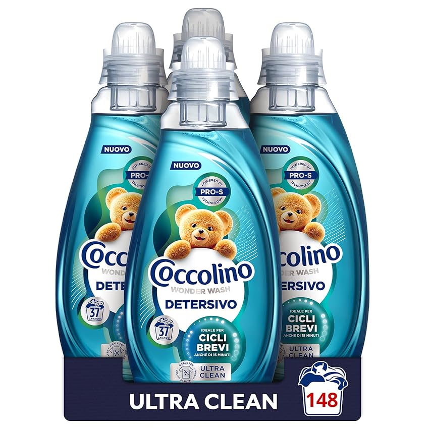 Coccolino Wonder Wash, Detersivo Lavatrice Liquido, Ultra Clean, Efficace nei Cicli Brevi da 15 Minuti, Anche a Freddo, Fragranza che Dura a Lungo, Pulizia Profonda, 37 Lavaggi, 4 Pezzi da 1480 ml