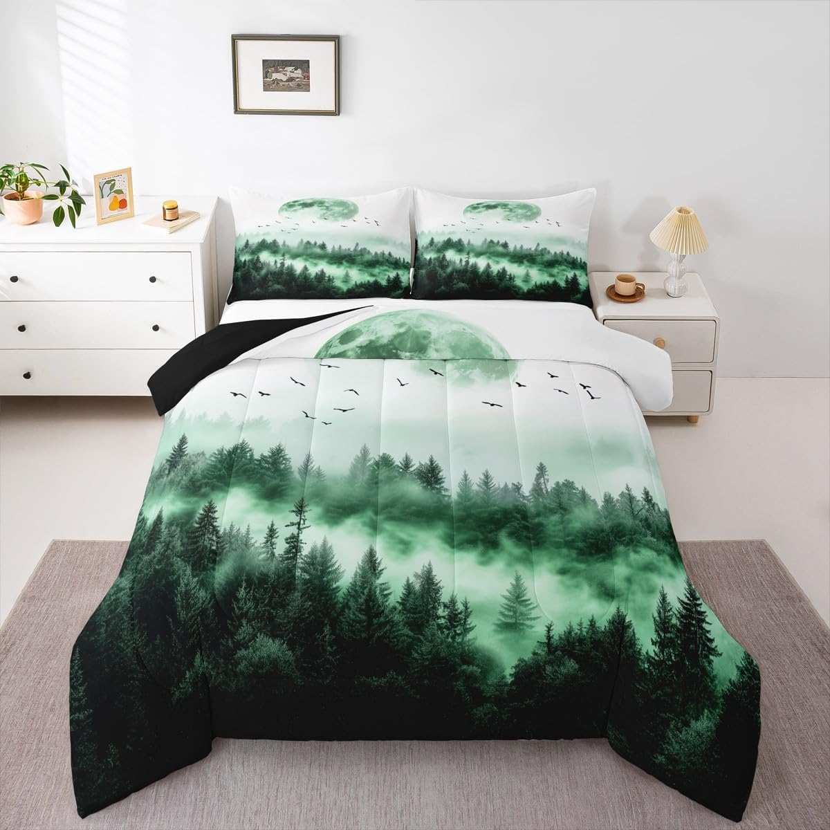 Erosebridal Smoky Mountains Comforter Set, Tree Pattern Down Comforter Natural Landscape Quilted Duvet Pine Plant Bedding Set, Decorative 2 Piece with 1 Pillow Case, Green White(Twin Size)