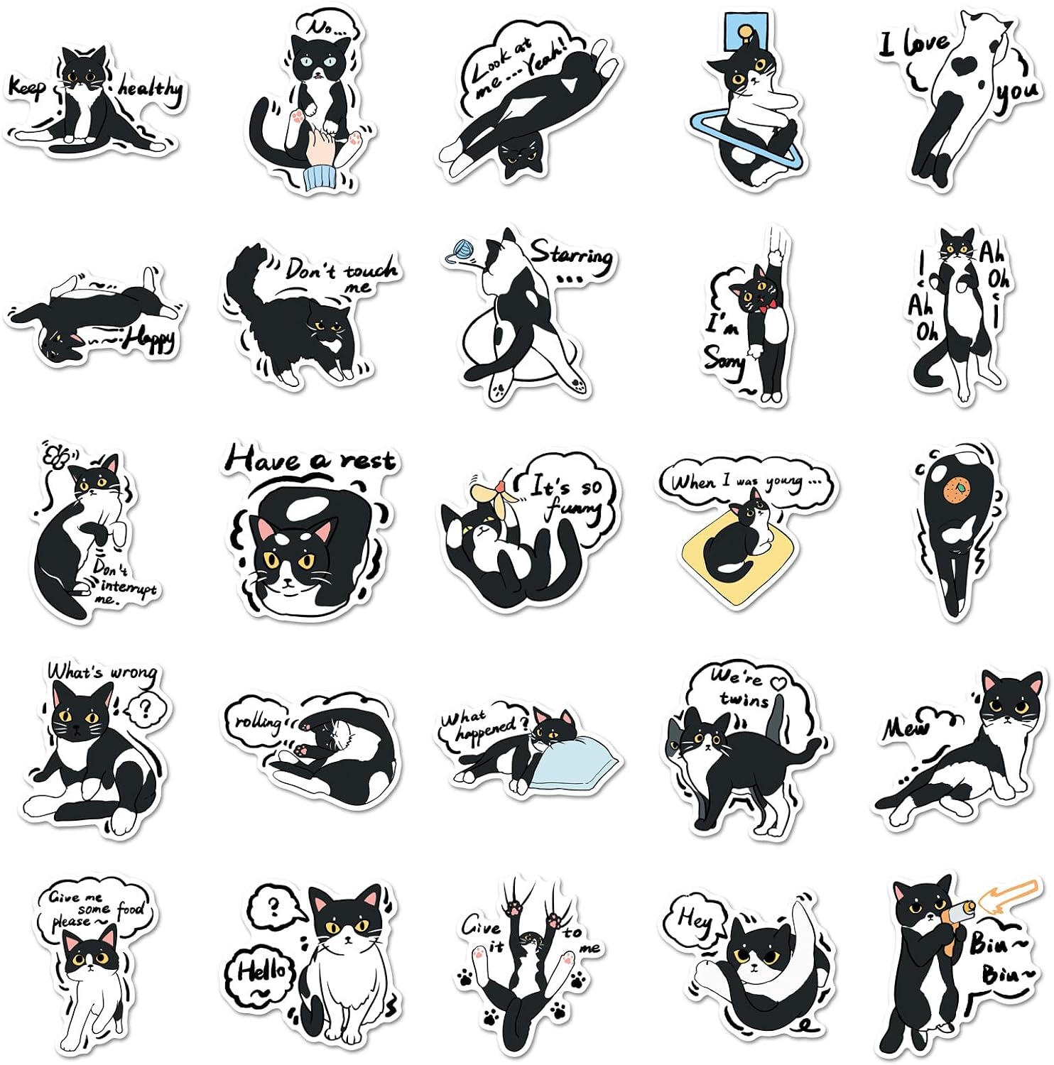 50Pcs Tuxedo Cat Stickers, Waterproof Vinyl Black and White Cat Decals, Funny Cartoon Cat Stickers for Water Bottle, Laptop, Journal, Planner, Scrapbook, Luggage for Adults Teens(Tuxedo Cat) image 3