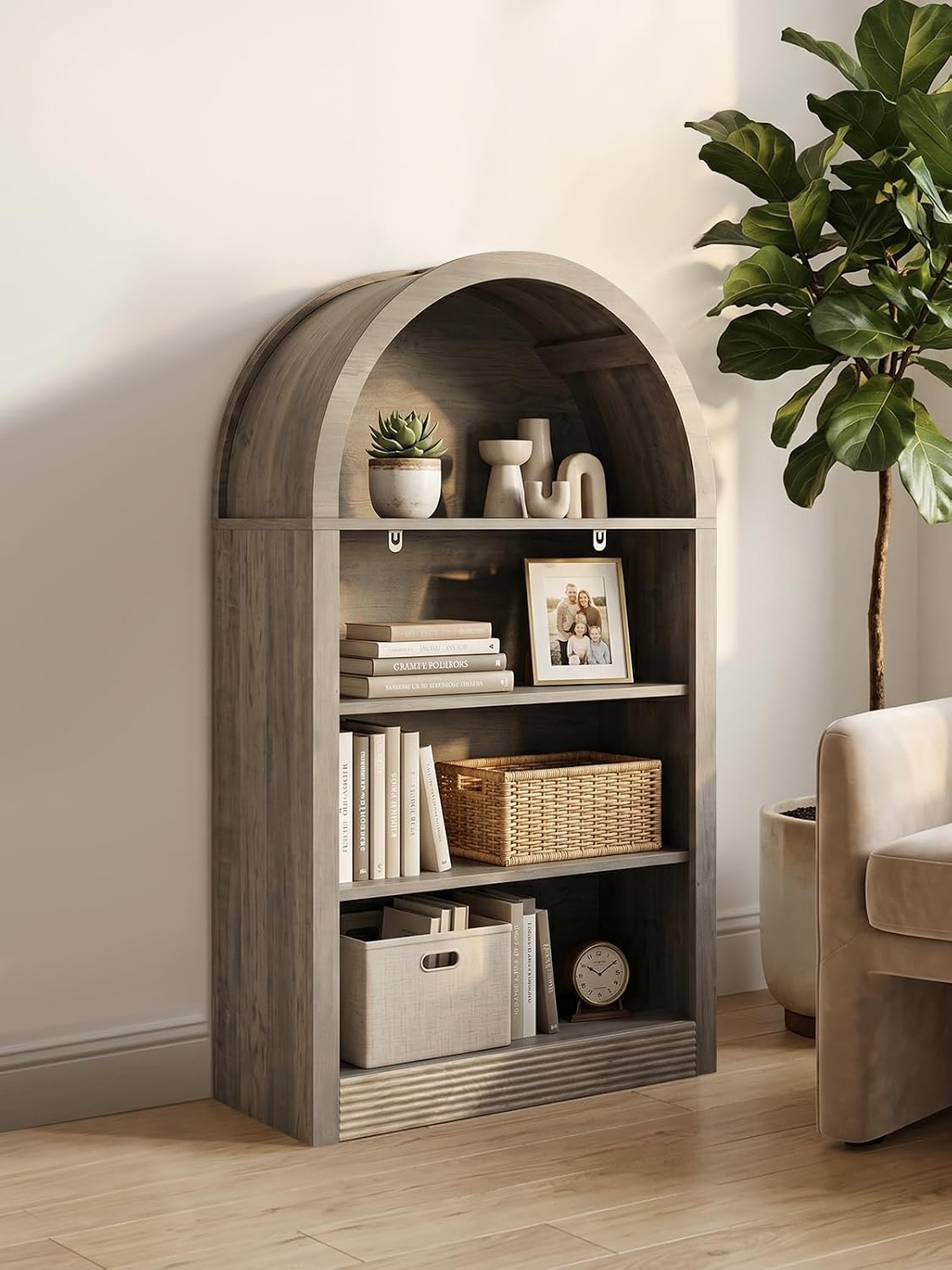 Arched Bookshelf, 47.6" 4-Tier Wood Open Bookcase, Display Book Shelf with Large Storage, Freestanding Shelf Organizer for Living Room, Home Office, Gray