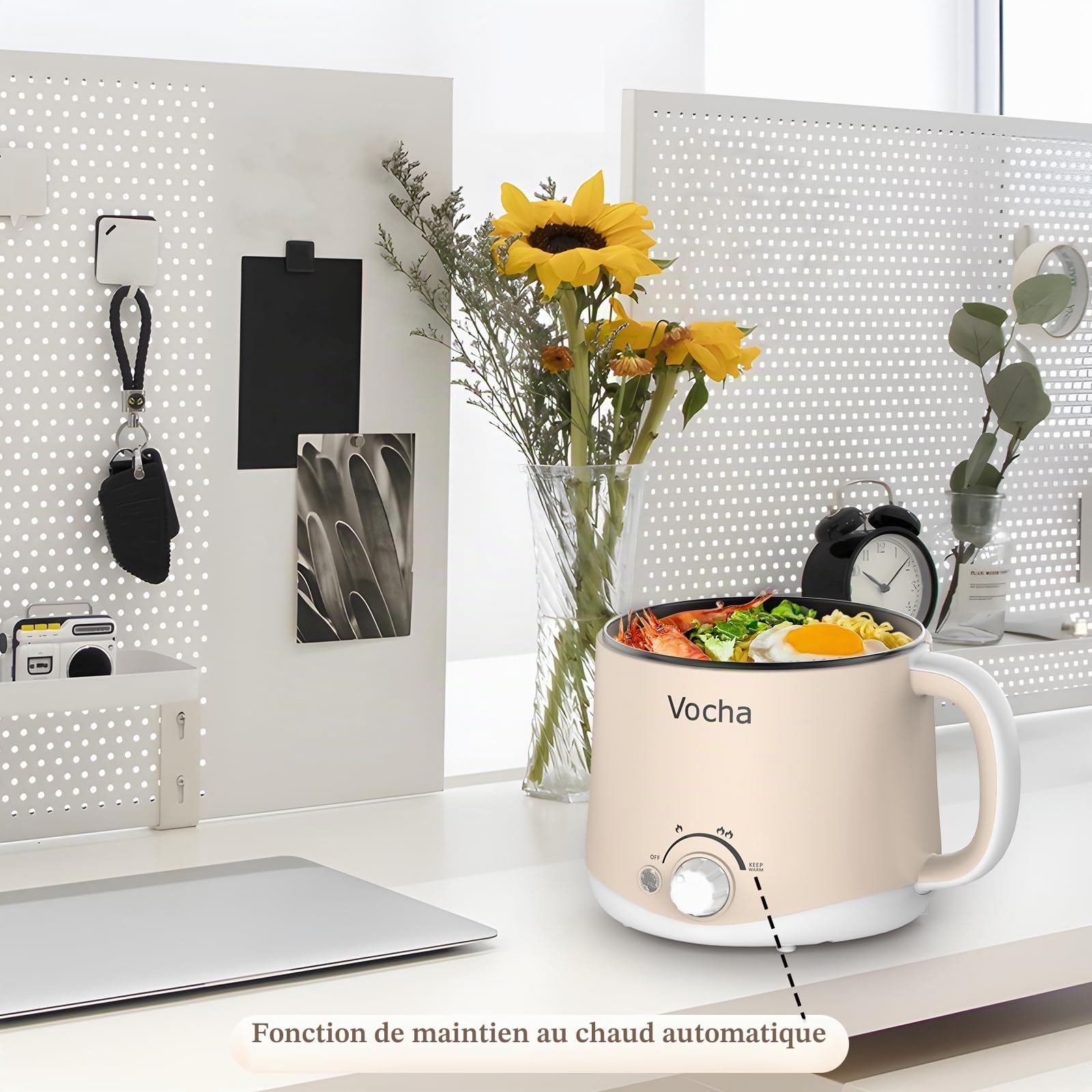 Vocha Marmite électrique avec fonction de maintien au chaud, poêle électrique anti-adhésive de 1,6 L, cuiseur de voyage portable, multicuiseur pour pâtes, nouilles, soupes, œufs durs, légumes (beige)