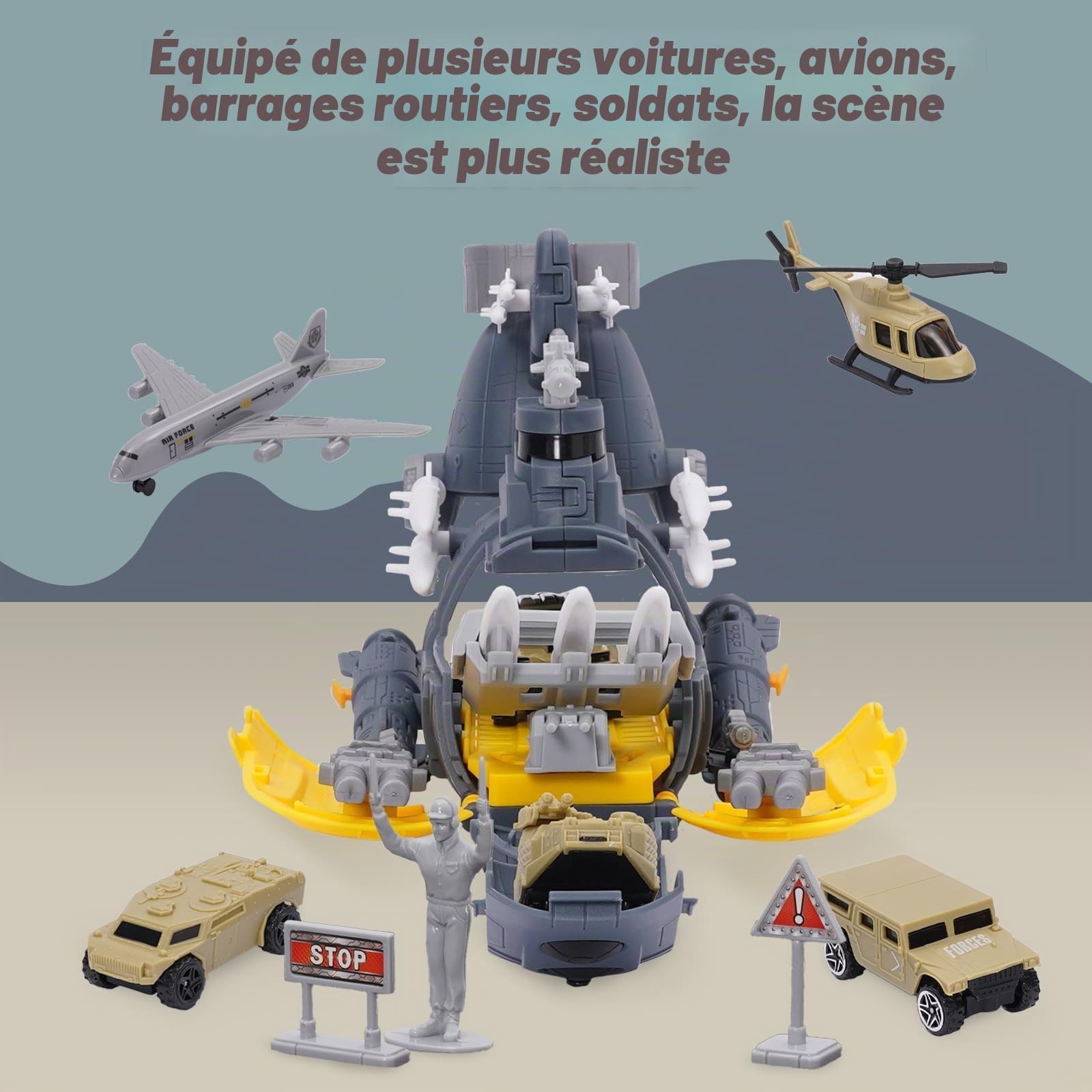 Modèle de sous-Marin Militaire,Jouet Militaire Marine,Contient 18 Types de Transport avec Panneaux de Signalisation et Tapis de Jeu,Jouet Avion,Ensemble de Jouets Porte-Avions pour Enfants 3+