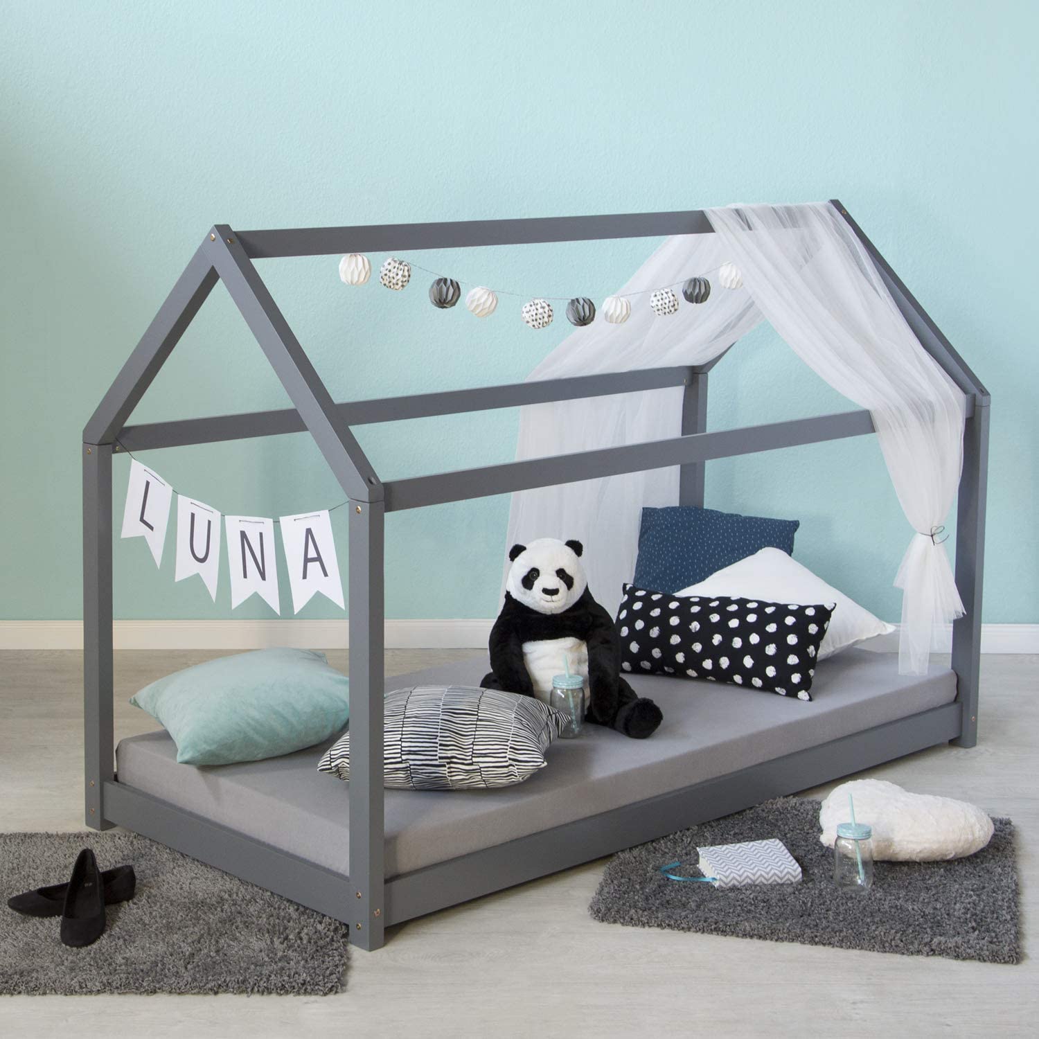 Homestyle4u 1970 Hausbett 160x80 cm Kinderbett mit Lattenrost Grau | Montessori Bodenbett Kiefer Massivholz, skandinavisches Design Kinderhausbett für Jungen und Mädchen, 80x160 cm