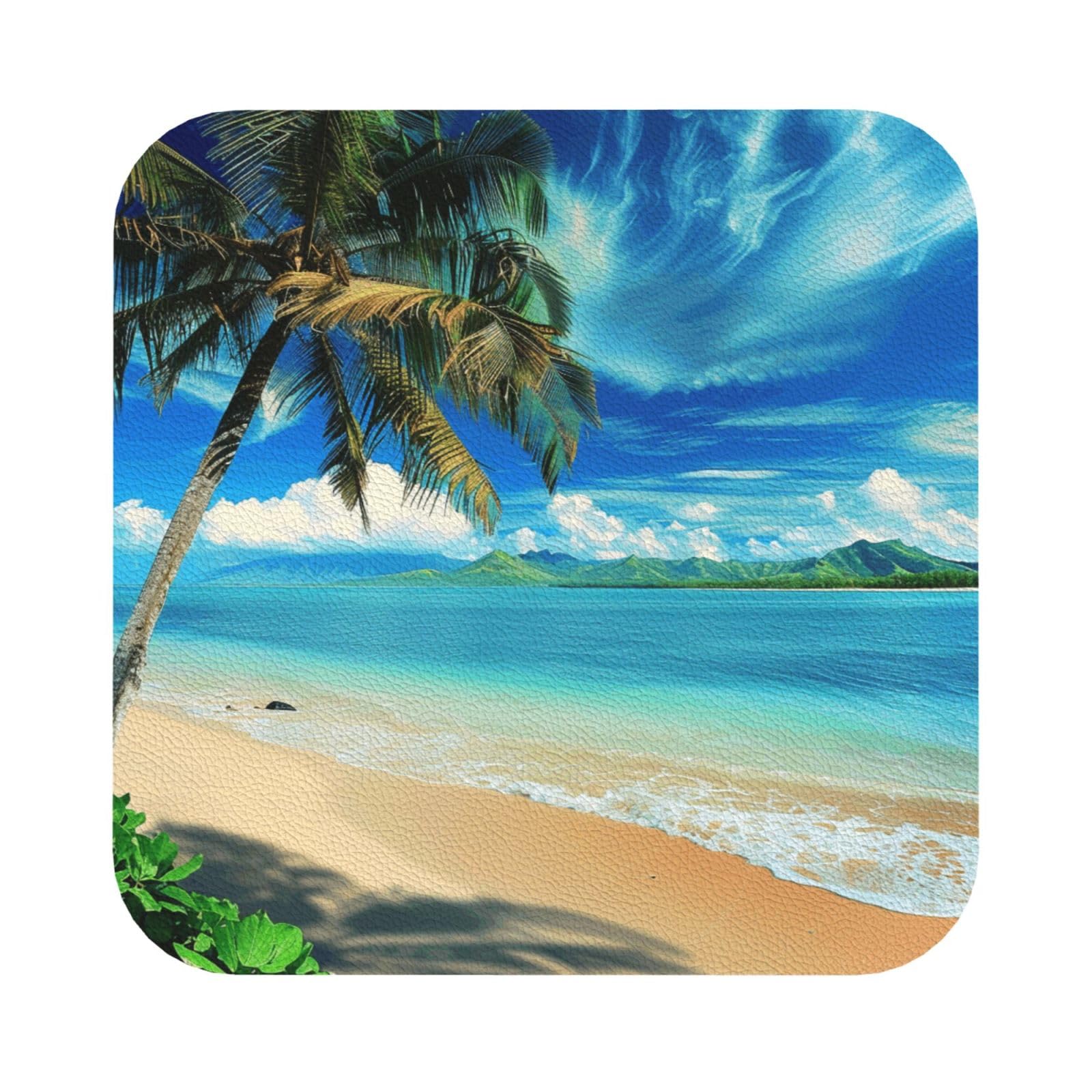 Tropical Palm Tree Hawaii Beach Print Leather Coaster Set of 6, Square Coasters Table Decorative Coffee Cup Beverage Coasters Wine Beer Bar Coasters for Hot Drinks Table Protection