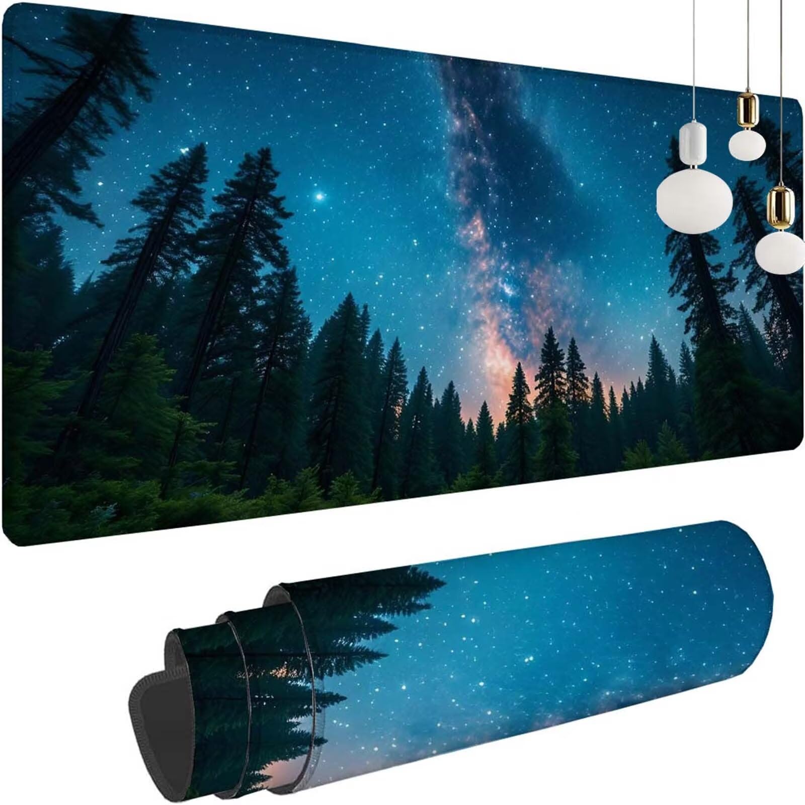 Alfombrilla Ratón Bosque Cielo Estrellado Alfombrilla Ratón XXL 1400x600x3mm Mouse Pad Resiste Salpicaduras, Extendida de Gran Tamaño con Bordes Cosidos, Mejora la Precisión y la Velocidad y-411